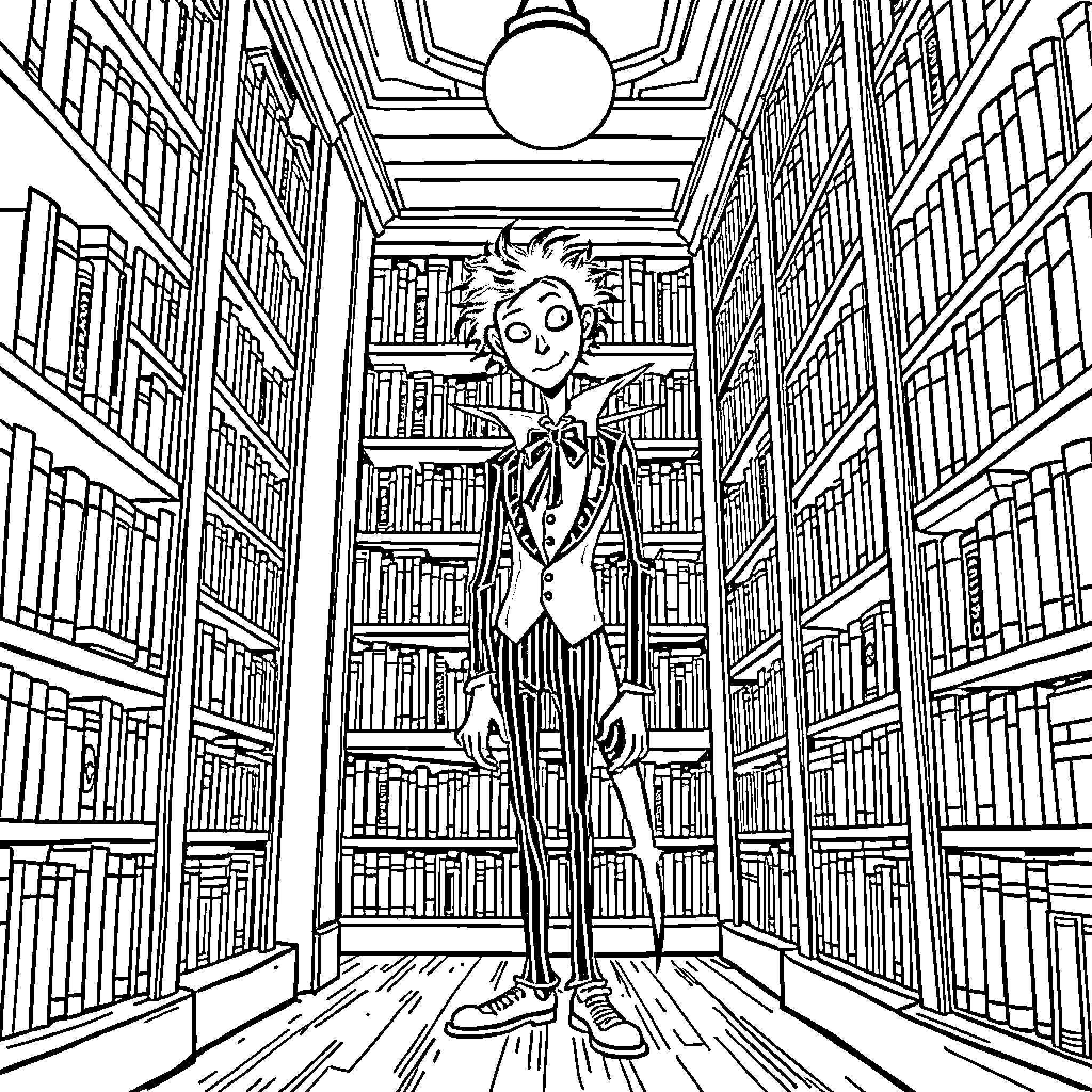 Edward Scissorhands exploring a library full of books Coloring Page (free black-and-white line drawing printable PDF for all, from beginners to advanced learners, including children, teens, adults, and seniors)