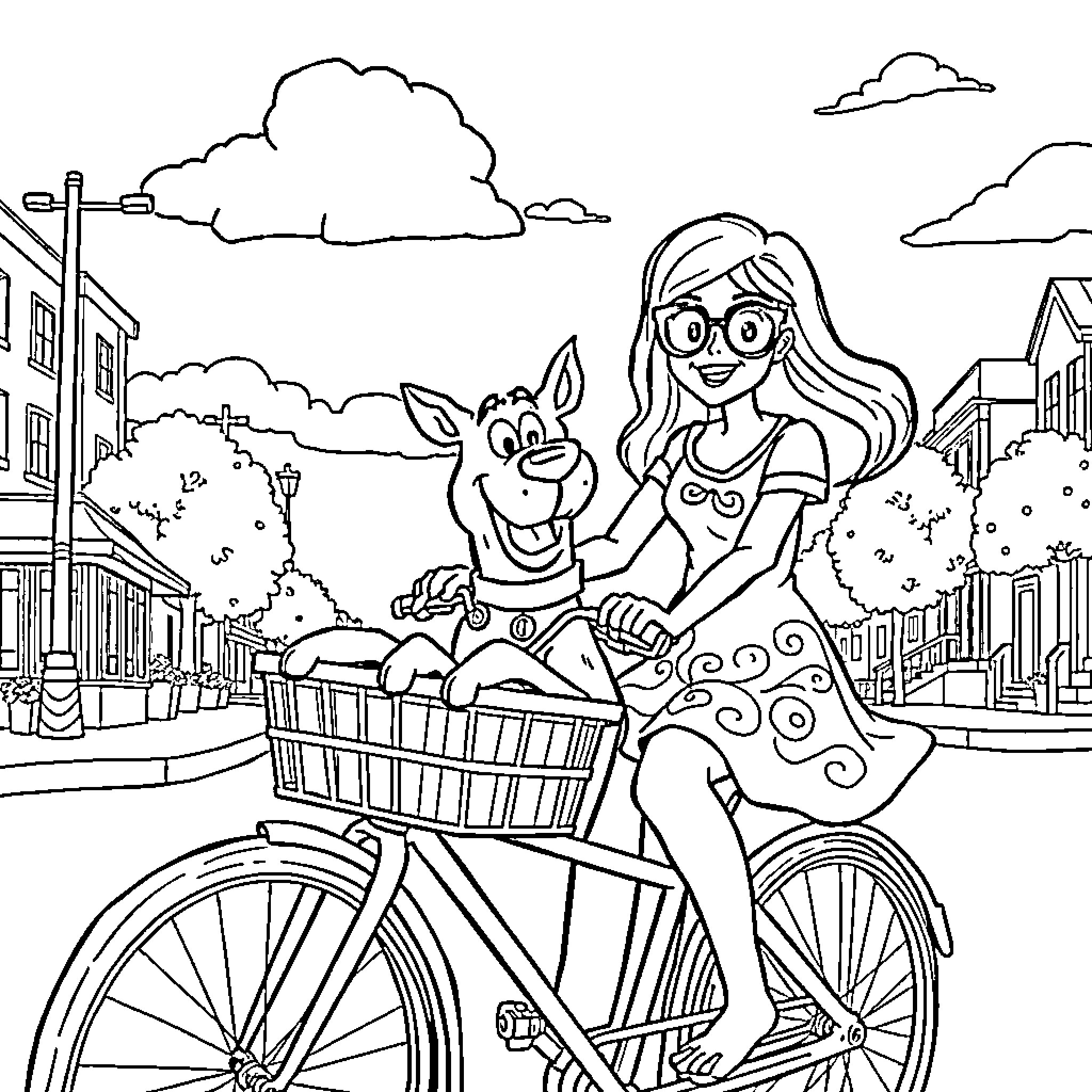 Scoobydoo and girl ride bicycle through town Coloring Page (free black-and-white line drawing printable PDF for all, from beginners to advanced learners, including children, teens, adults, and seniors)