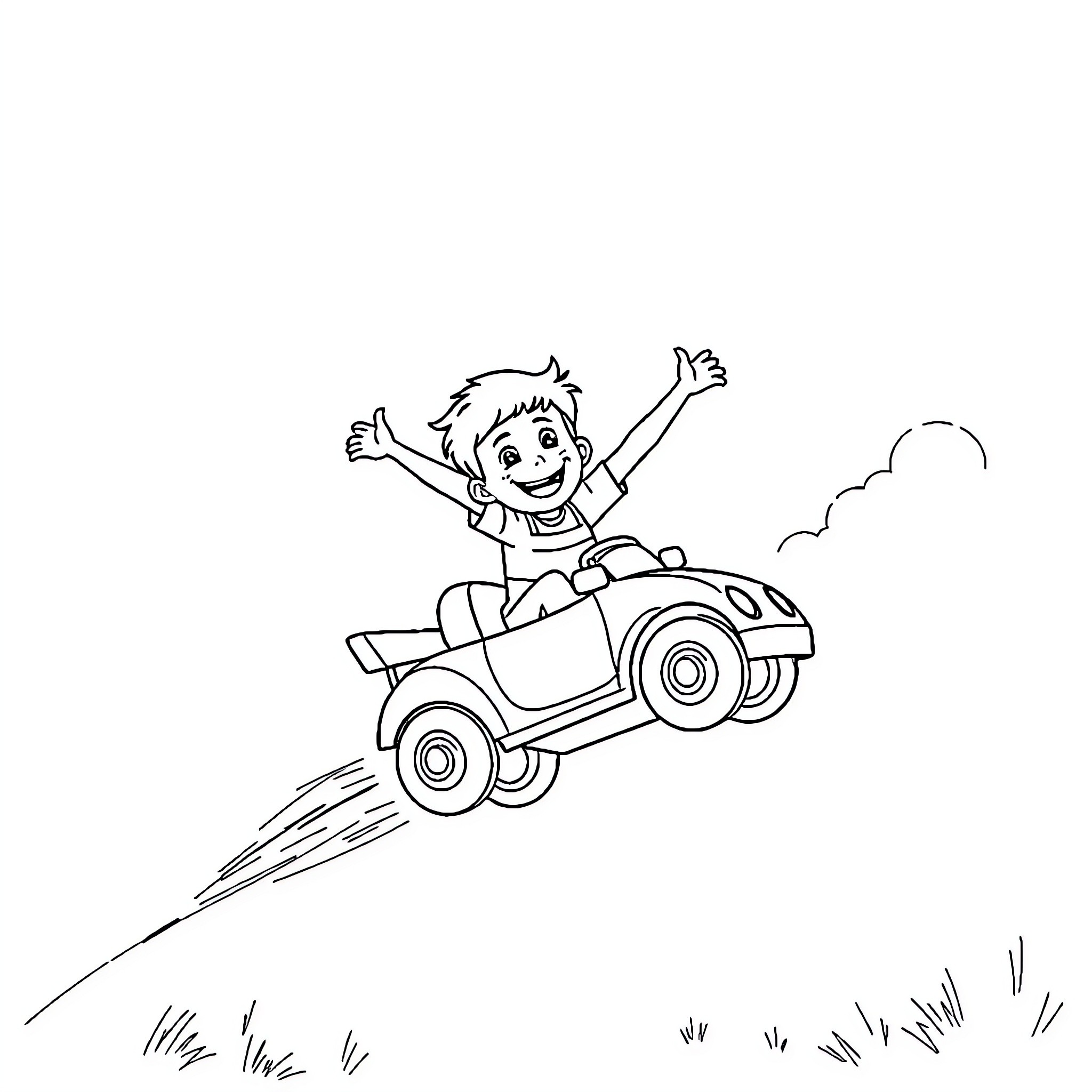 Boy riding a toy car with excitement Coloring Page (free black-and-white line drawing printable PDF for all, from beginners to advanced learners, including children, teens, adults, and seniors)