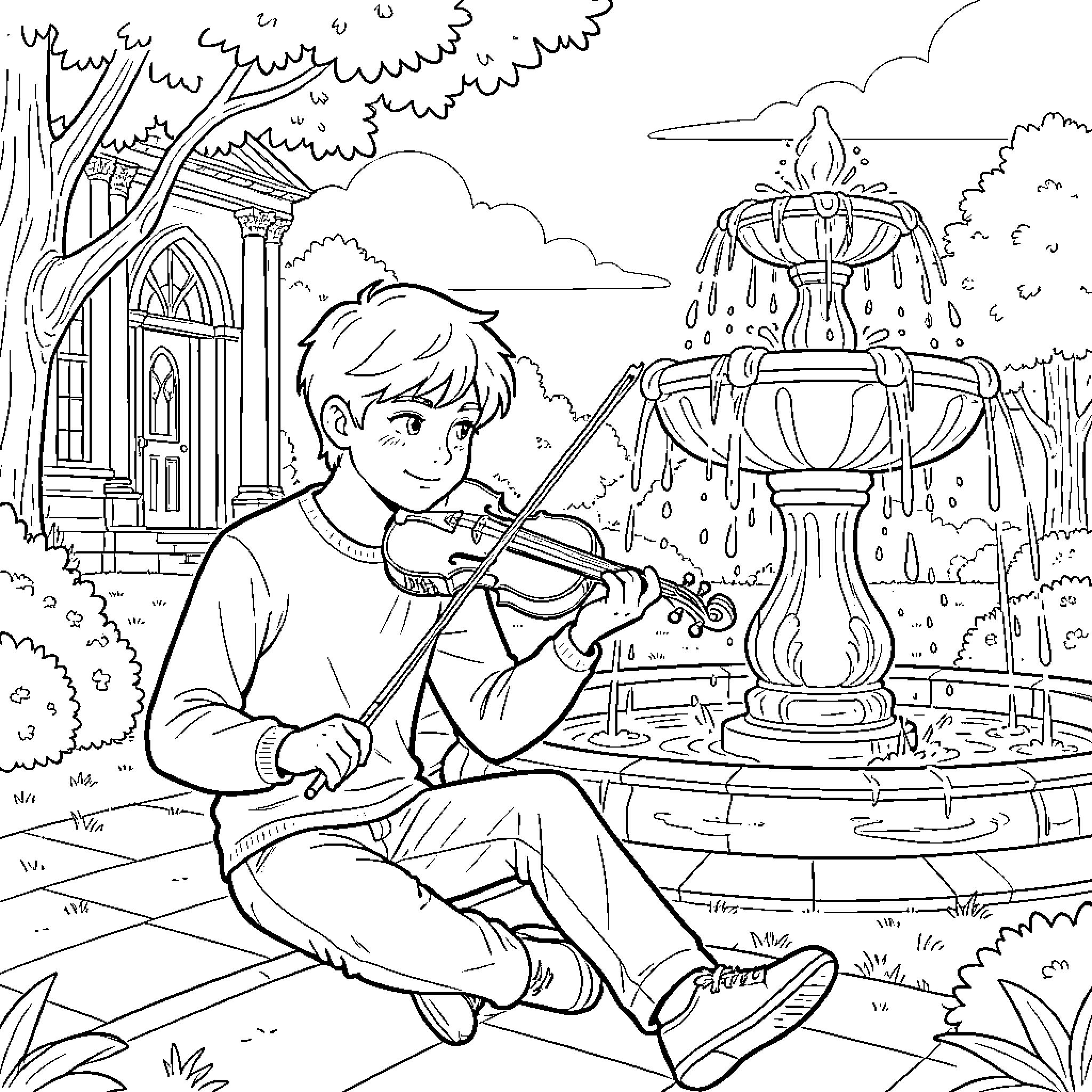 Violin player in a tranquil garden setting Coloring Page (free black-and-white line drawing printable PDF for all, from beginners to advanced learners, including children, teens, adults, and seniors)