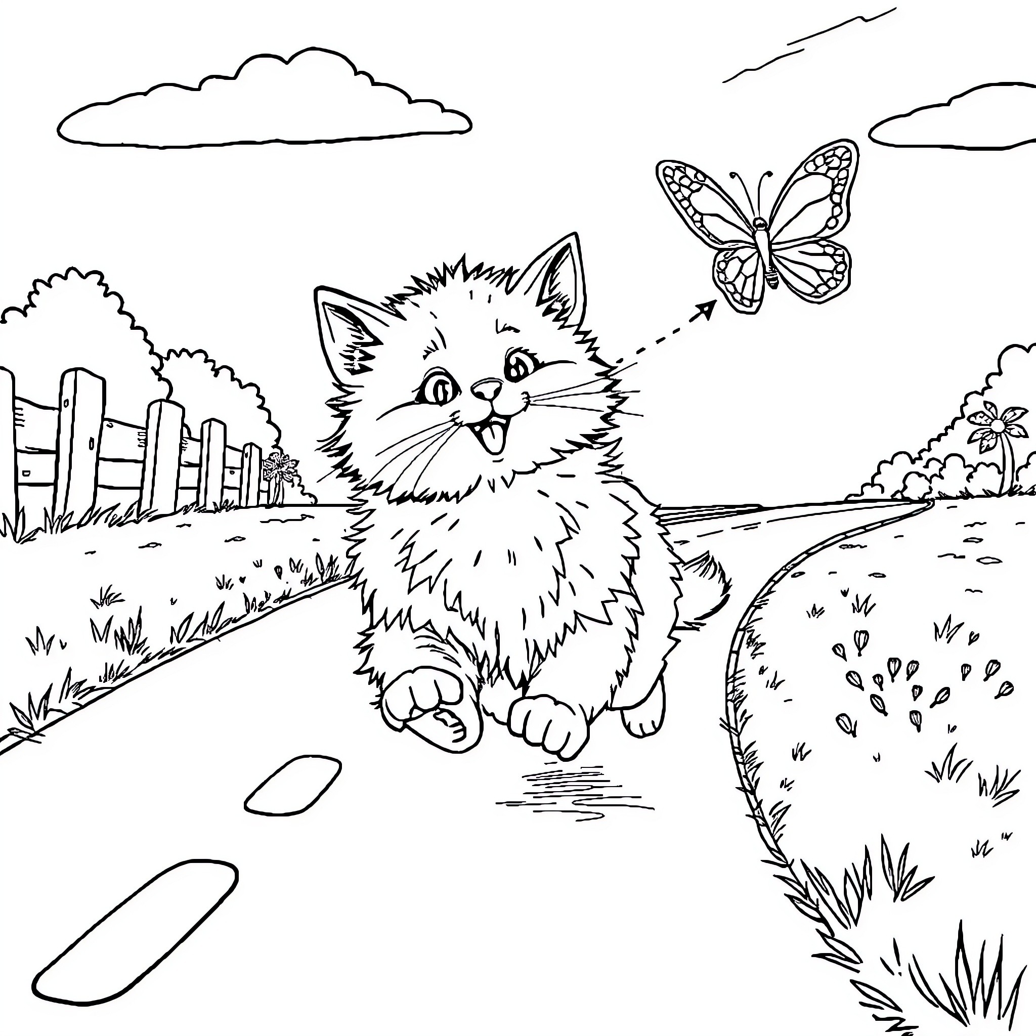 Cat chasing butterflies in a scenic landscape Coloring Page (free black-and-white line drawing printable PDF for all, from beginners to advanced learners, including children, teens, adults, and seniors)