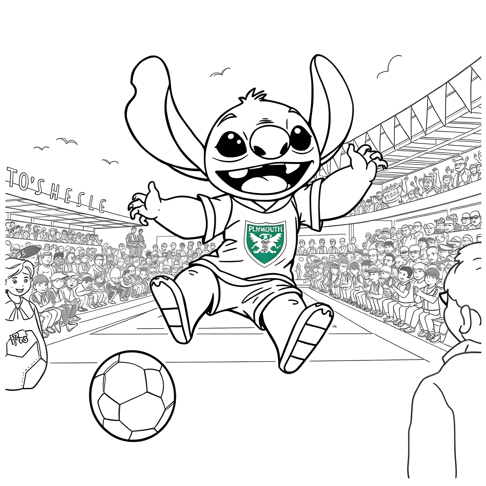 Stitch playing football in the stadium Coloring Page (free black-and-white line drawing printable PDF for all, from beginners to advanced learners, including children, teens, adults, and seniors)