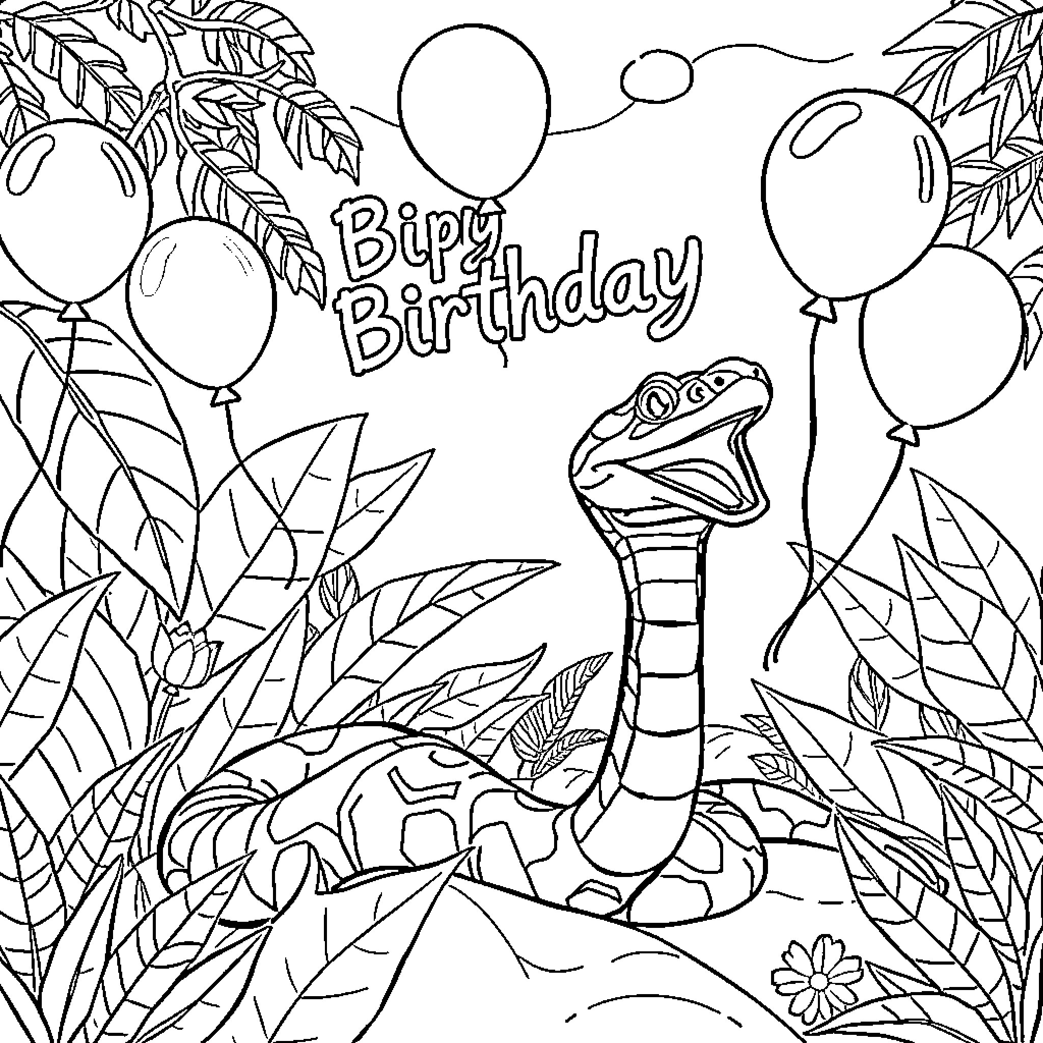 Snake Celebrating a Joyous Birthday Coloring Page (free black-and-white line drawing printable PDF for all, from beginners to advanced learners, including children, teens, adults, and seniors)