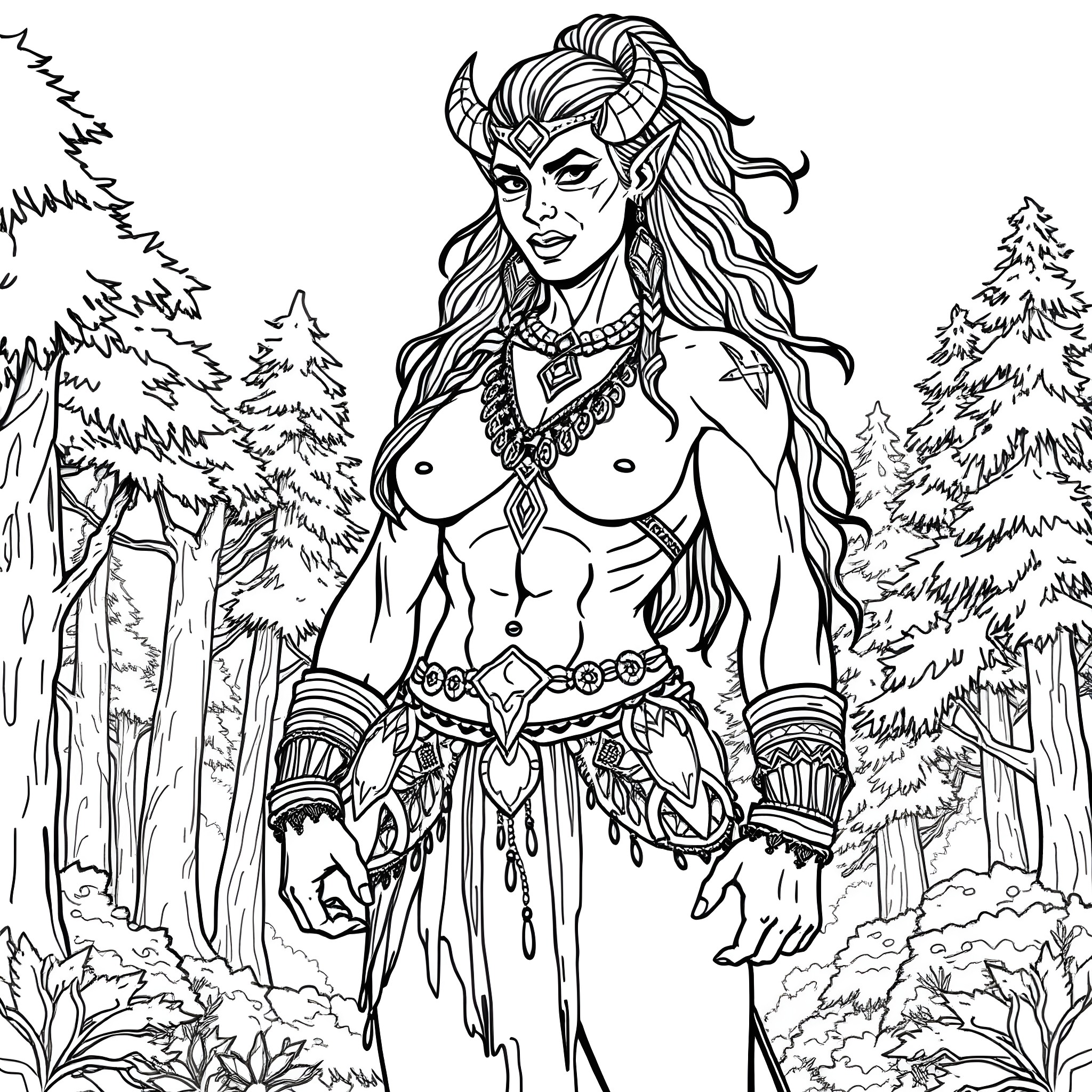 Orc warrior woman in battle-ready outfit in the forest Coloring Page (free black-and-white line drawing printable PDF for all, from beginners to advanced learners, including children, teens, adults, and seniors)