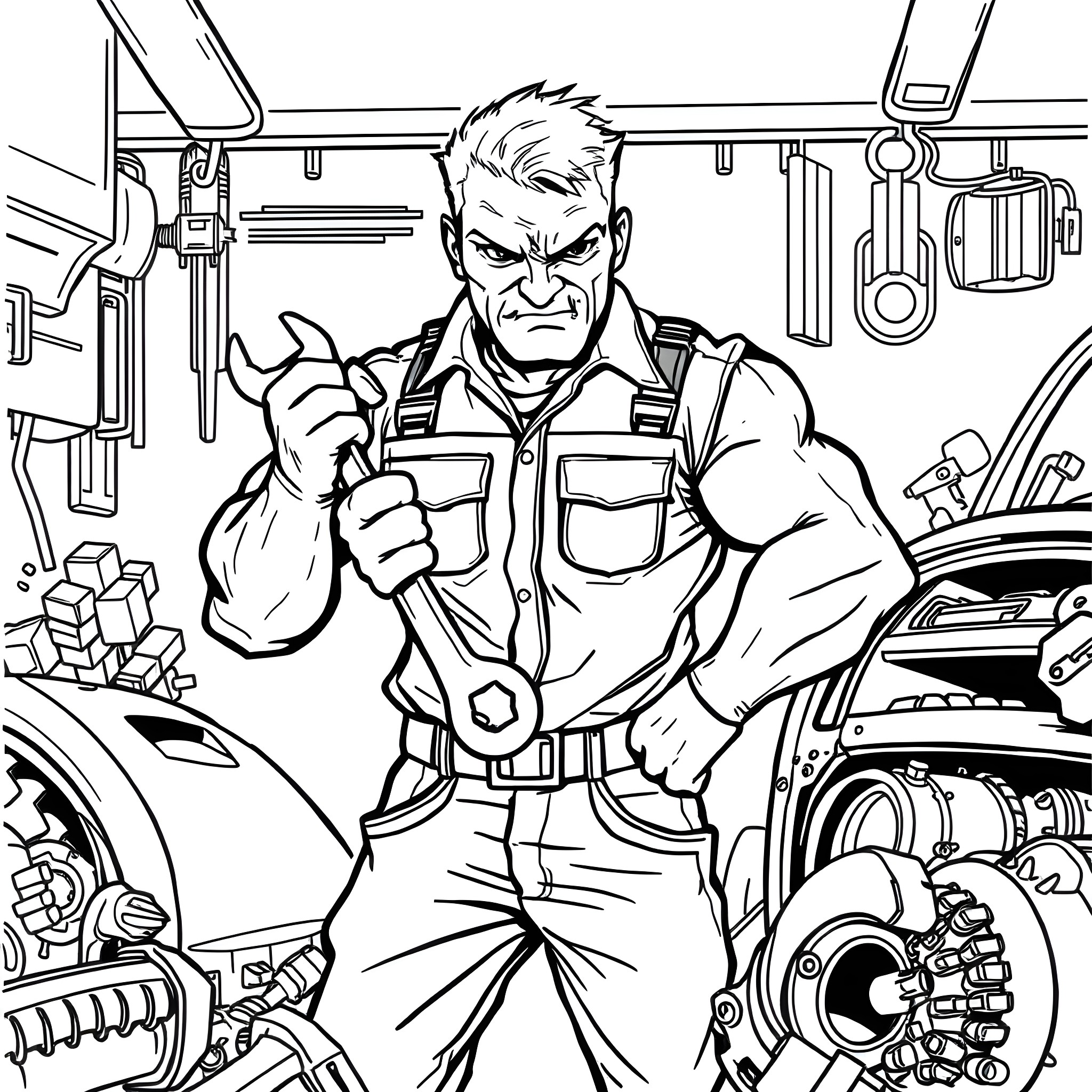 Auto Technician Examining Engine with Expertise Coloring Page (free black-and-white line drawing printable PDF for all, from beginners to advanced learners, including children, teens, adults, and seniors)