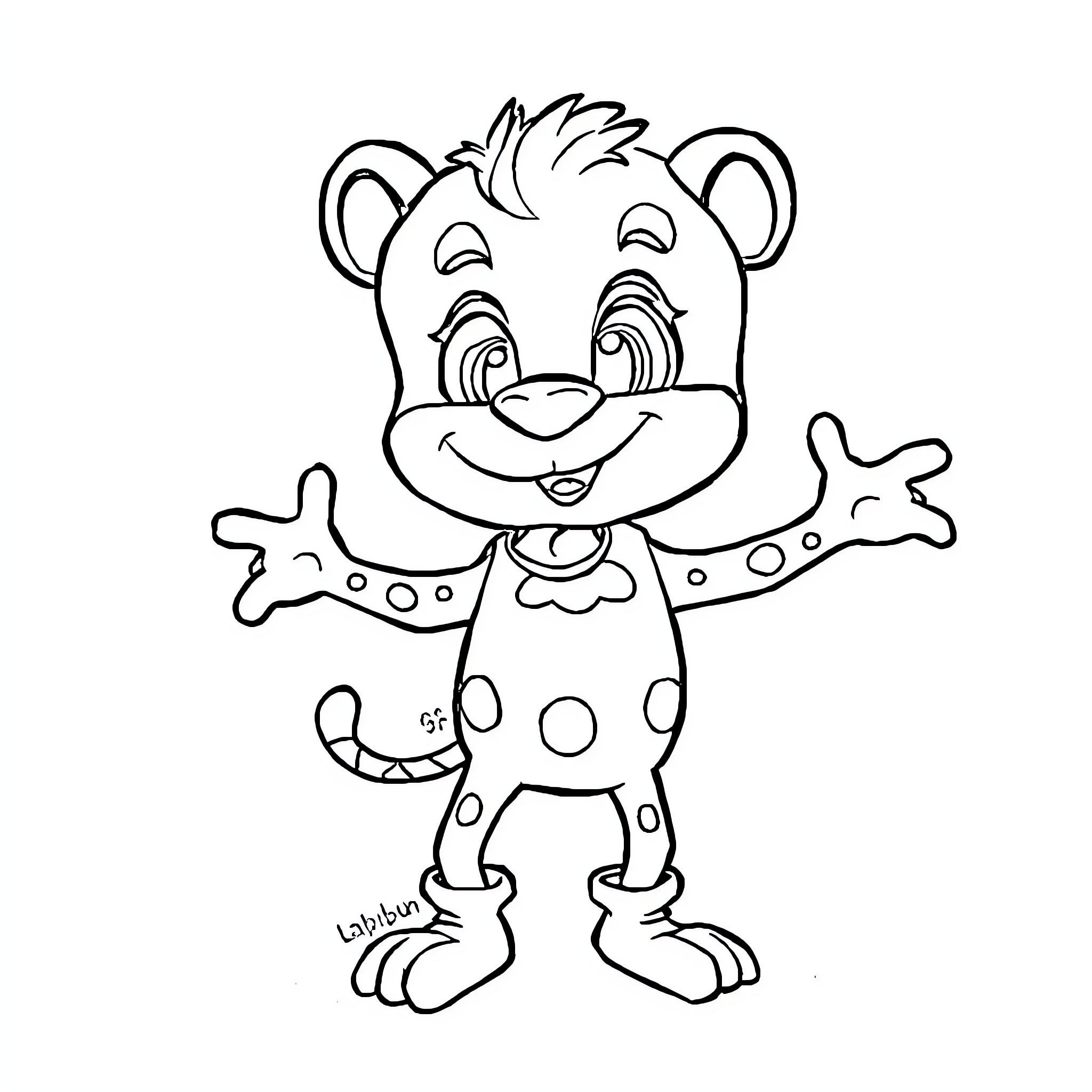 Labubu the Cheerful Cartoon Character Coloring Page (free black-and-white line drawing printable PDF for all, from beginners to advanced learners, including children, teens, adults, and seniors)