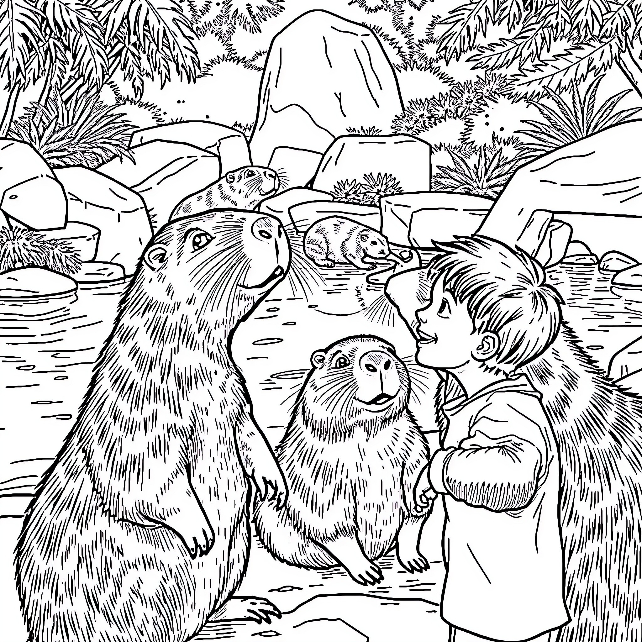Capybara enjoying the company of a child in a natural setting Coloring Page (free black-and-white line drawing printable PDF for all, from beginners to advanced learners, including children, teens, adults, and seniors)