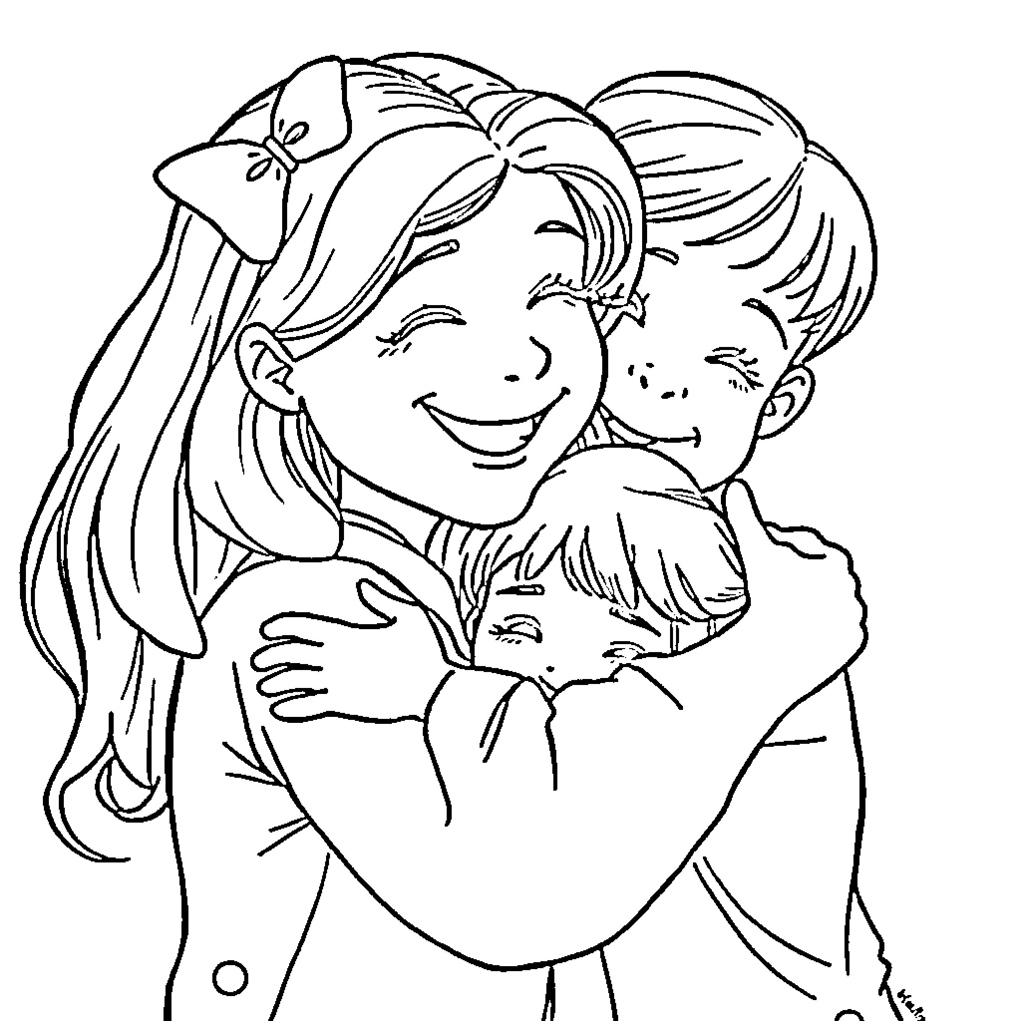 Sister's Heartwarming Embrace Coloring Page (free black-and-white line drawing printable PDF for all, from beginners to advanced learners, including children, teens, adults, and seniors)