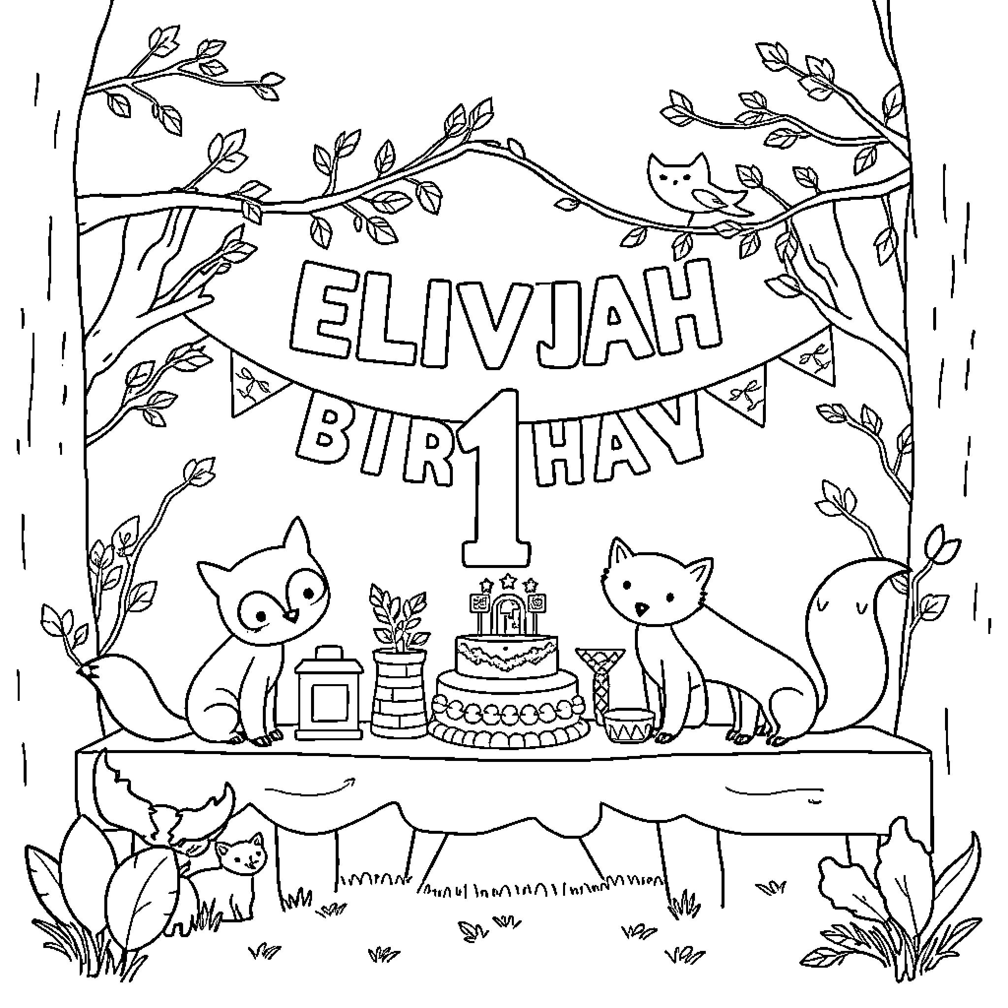 Woodland Creature's First Birthday Party Coloring Page (free black-and-white line drawing printable PDF for all, from beginners to advanced learners, including children, teens, adults, and seniors)