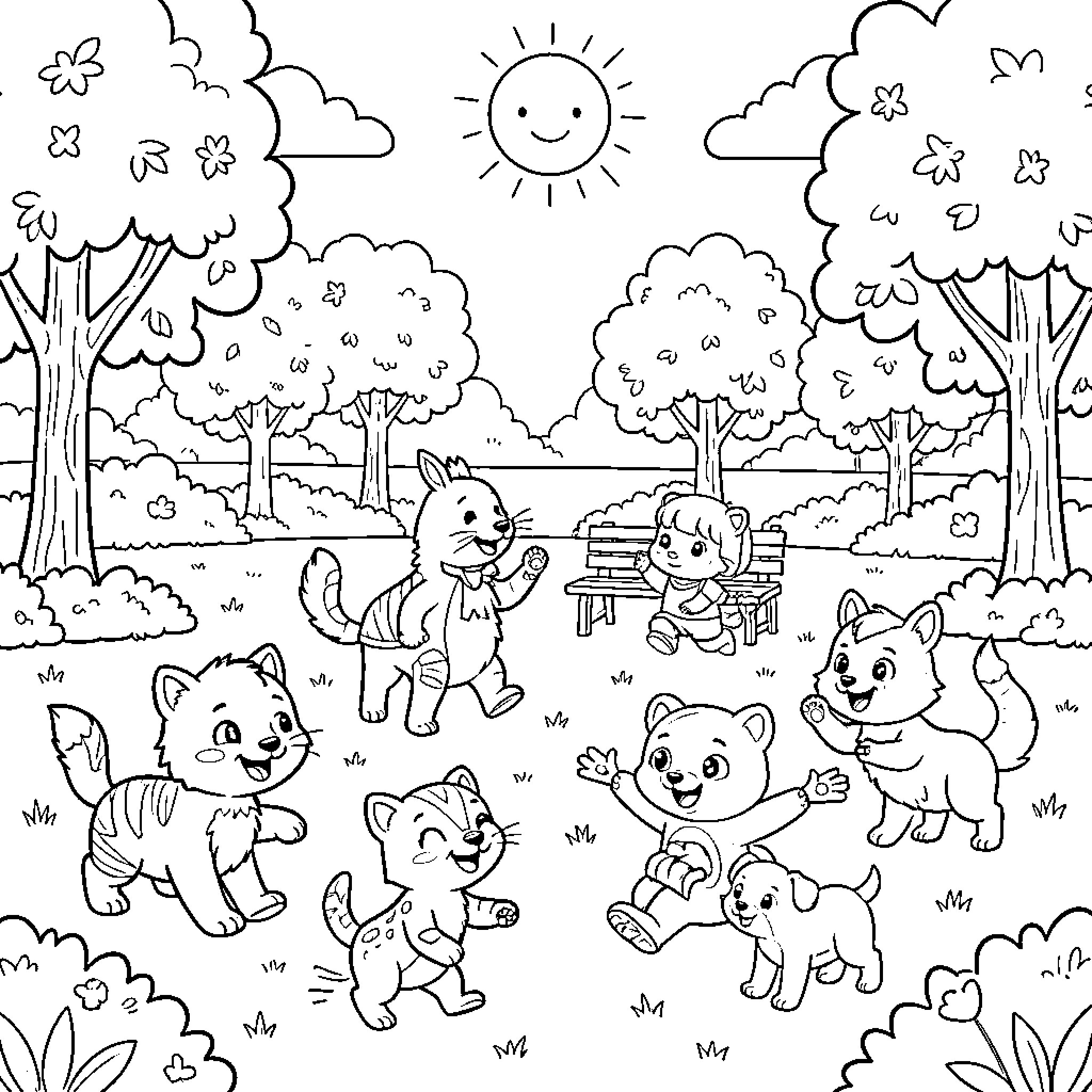 Animal friends playing in the park Coloring Page (free black-and-white line drawing printable PDF for all, from beginners to advanced learners, including children, teens, adults, and seniors)
