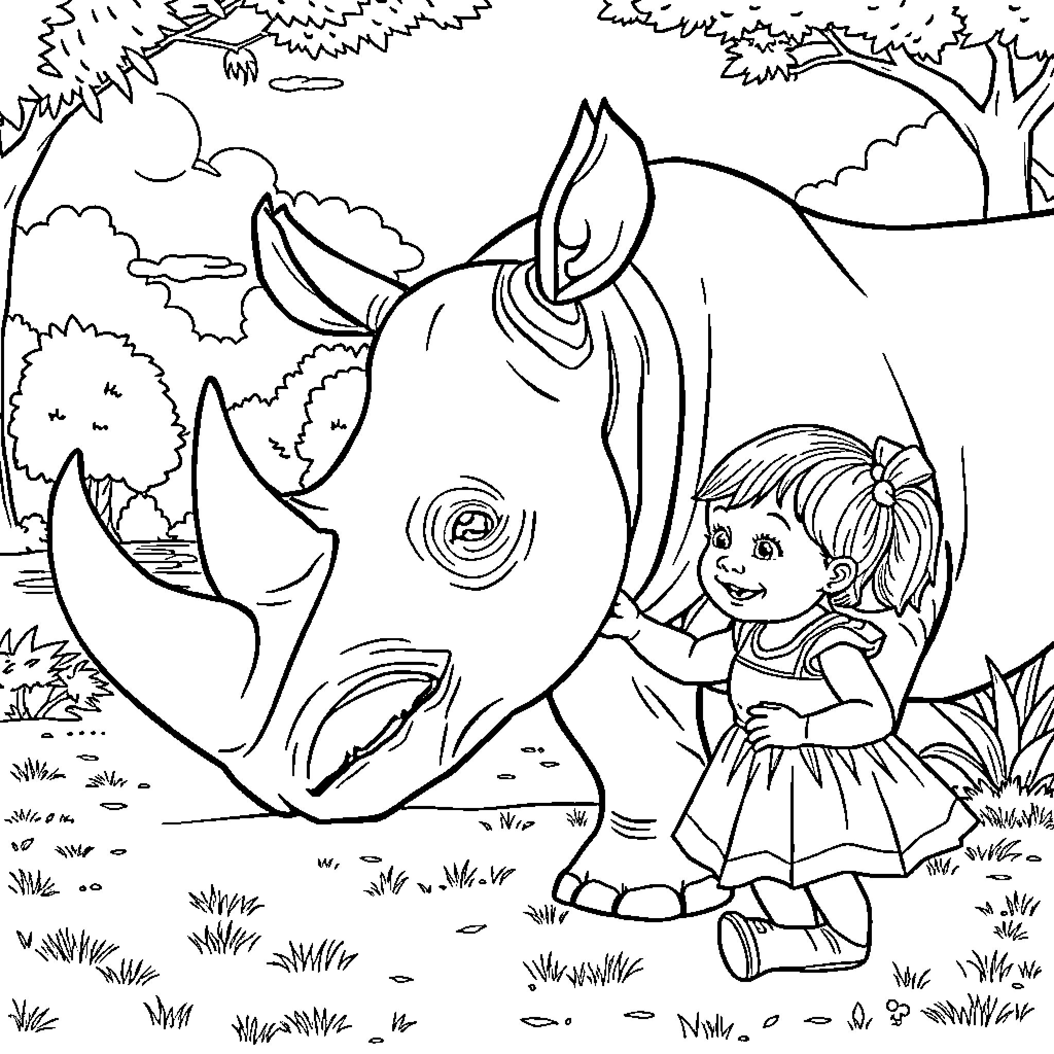 Rhino playing with a young girl in the forest Coloring Page (free black-and-white line drawing printable PDF for all, from beginners to advanced learners, including children, teens, adults, and seniors)