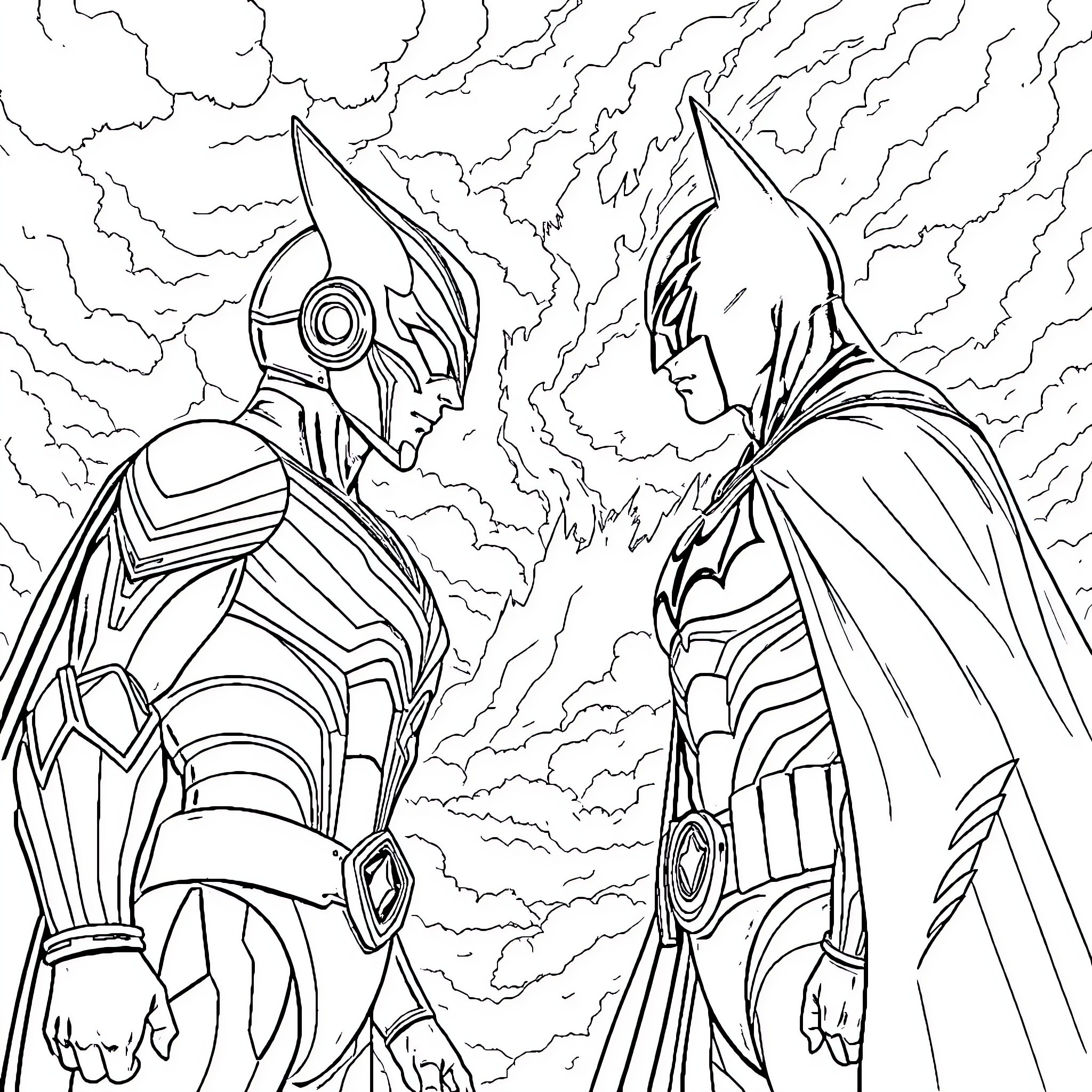 Ultraman heroes facing off in epic battle Coloring Page (free black-and-white line drawing printable PDF for all, from beginners to advanced learners, including children, teens, adults, and seniors)