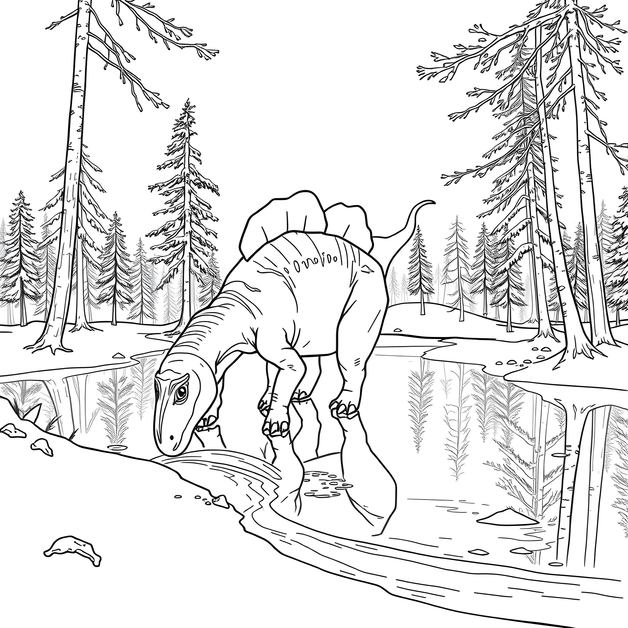 Parasaurolophus roaming through the prehistoric forest Coloring Page (free black-and-white line drawing printable PDF for all, from beginners to advanced learners, including children, teens, adults, and seniors)