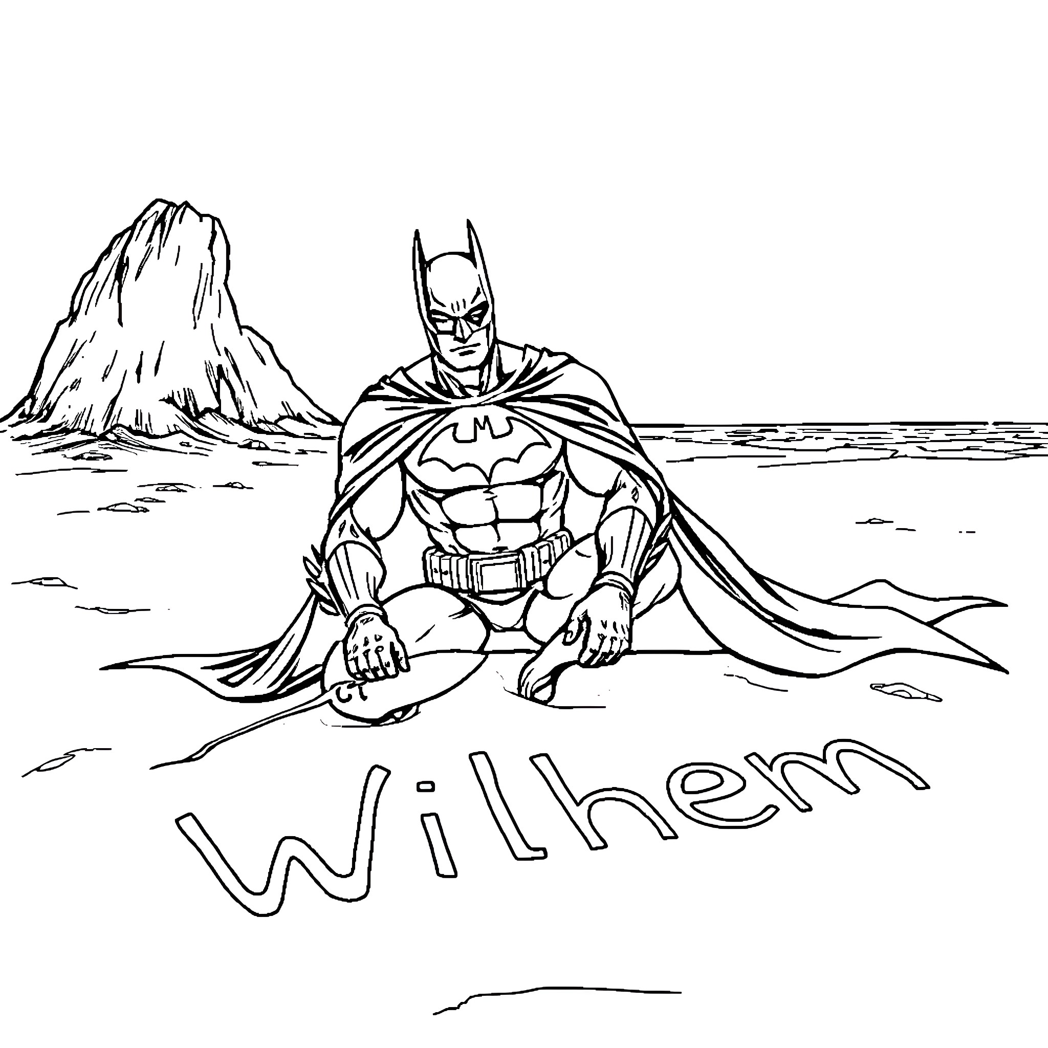 Batman kneeling in contemplation on the beach Coloring Page (free black-and-white line drawing printable PDF for all, from beginners to advanced learners, including children, teens, adults, and seniors)