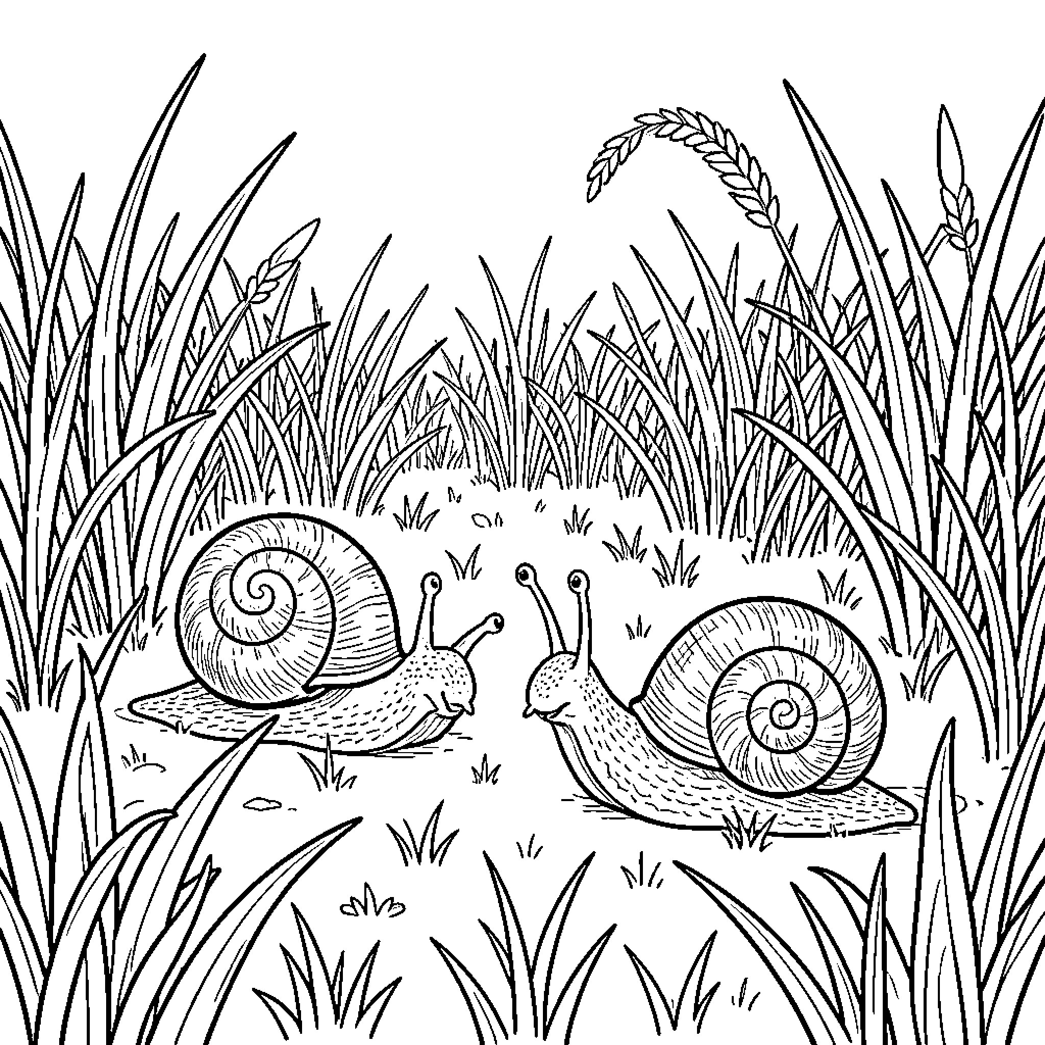 Snail duo crawling through tall grass Coloring Page (free black-and-white line drawing printable PDF for all, from beginners to advanced learners, including children, teens, adults, and seniors)
