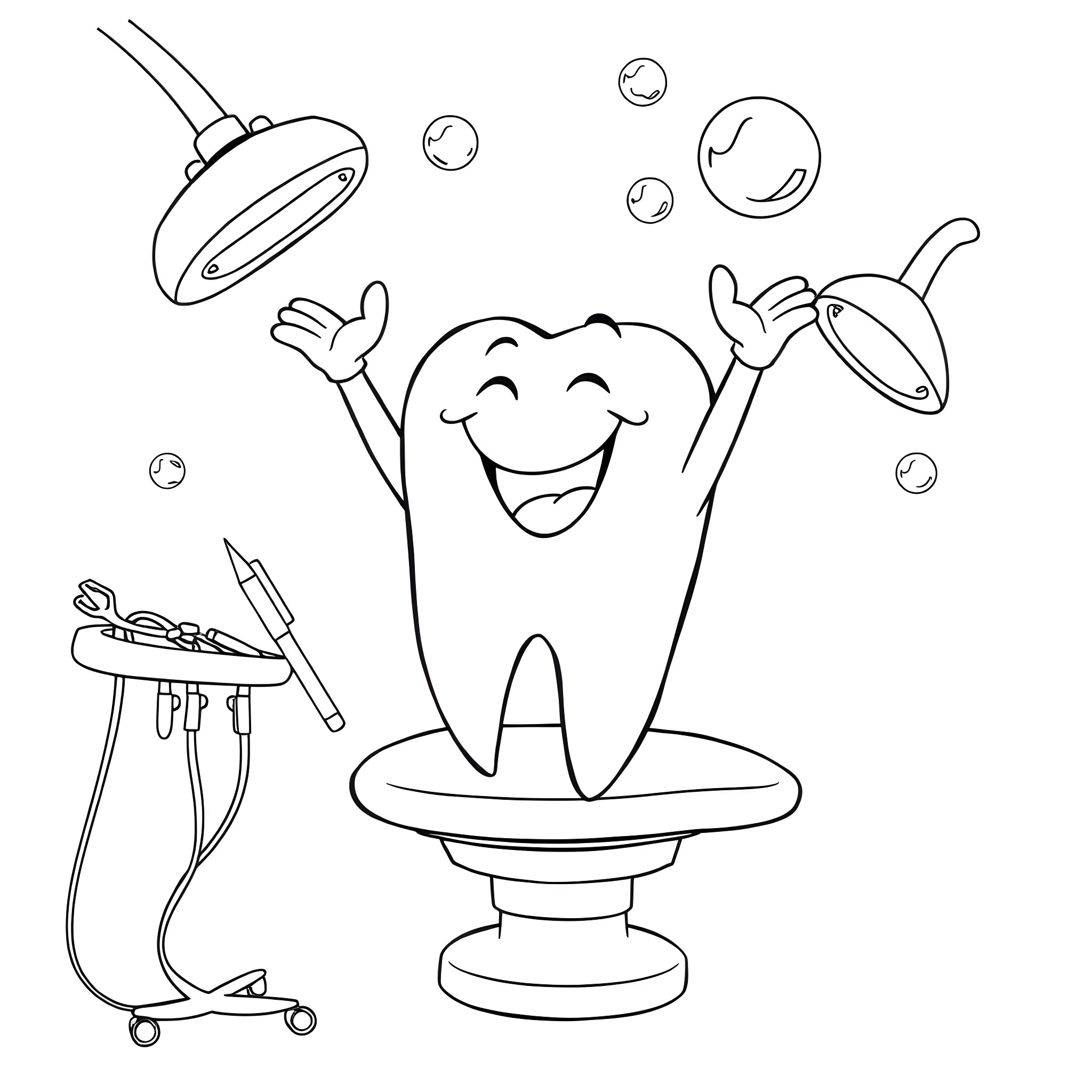 Tooth Enjoying Dental Care Coloring Page (free black-and-white line drawing printable PDF for all, from beginners to advanced learners, including children, teens, adults, and seniors)