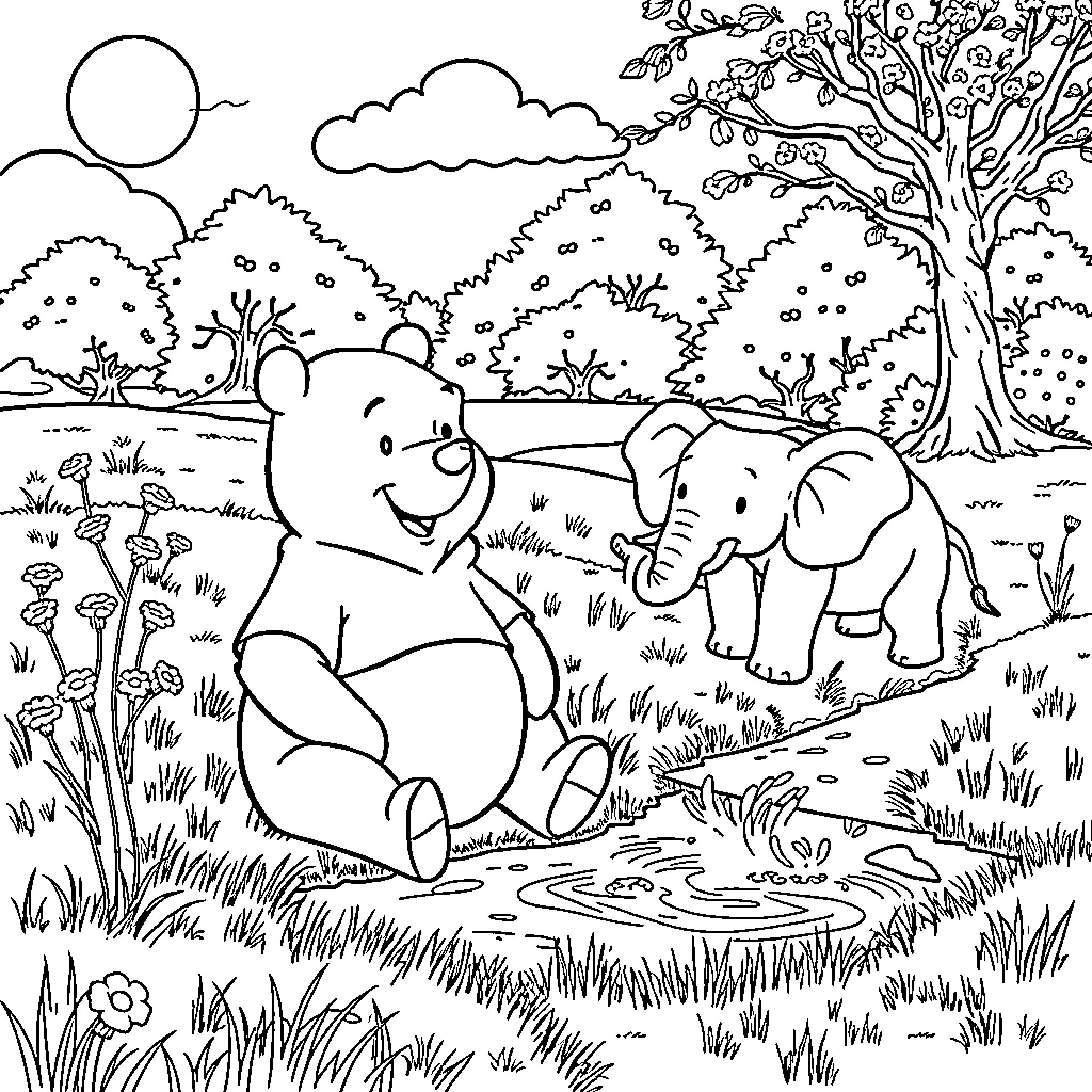 Winnie The Pooh and Elephant Playing in the Forest Coloring Page (free black-and-white line drawing printable PDF for all, from beginners to advanced learners, including children, teens, adults, and seniors)