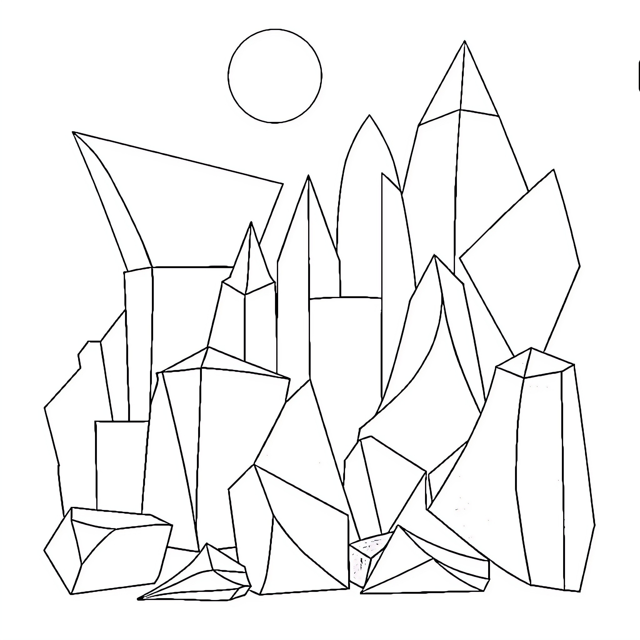 Geometric Figure Abstract Landscape Coloring Page (free black-and-white line drawing printable PDF for all, from beginners to advanced learners, including children, teens, adults, and seniors)
