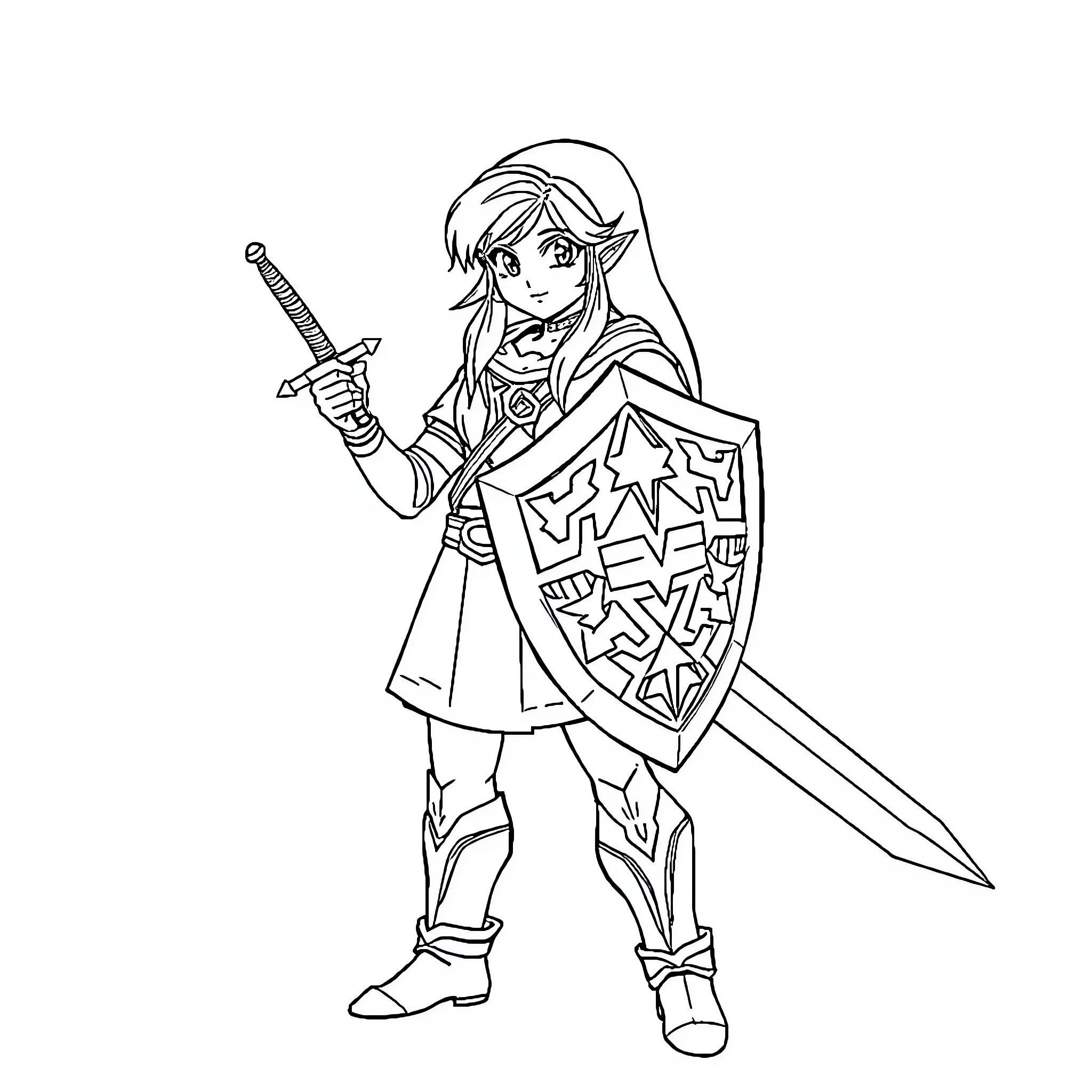 Zelda wielding sword and shield in heroic pose Coloring Page (free black-and-white line drawing printable PDF for all, from beginners to advanced learners, including children, teens, adults, and seniors)