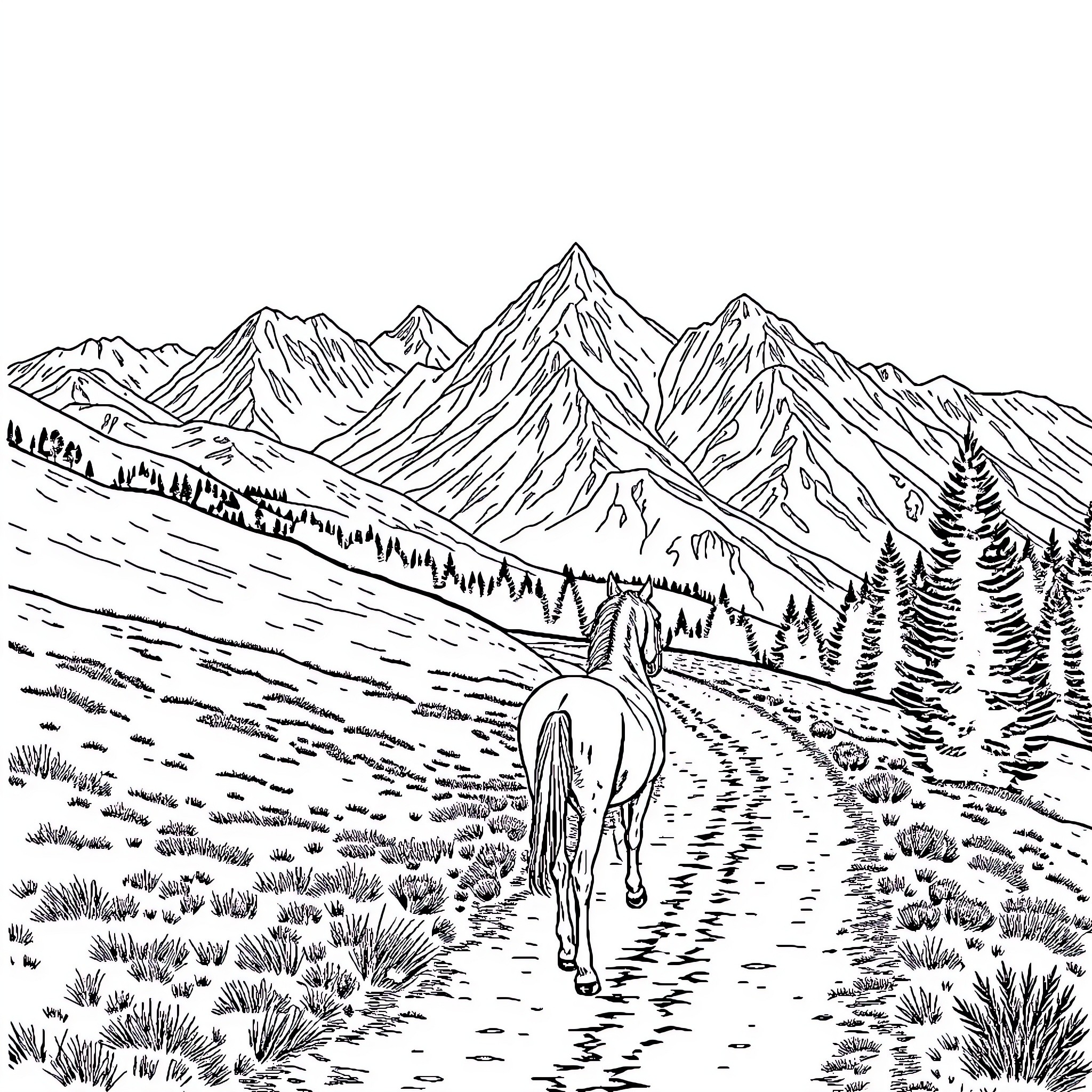 Horse exploring the rugged mountain landscape Coloring Page (free black-and-white line drawing printable PDF for all, from beginners to advanced learners, including children, teens, adults, and seniors)