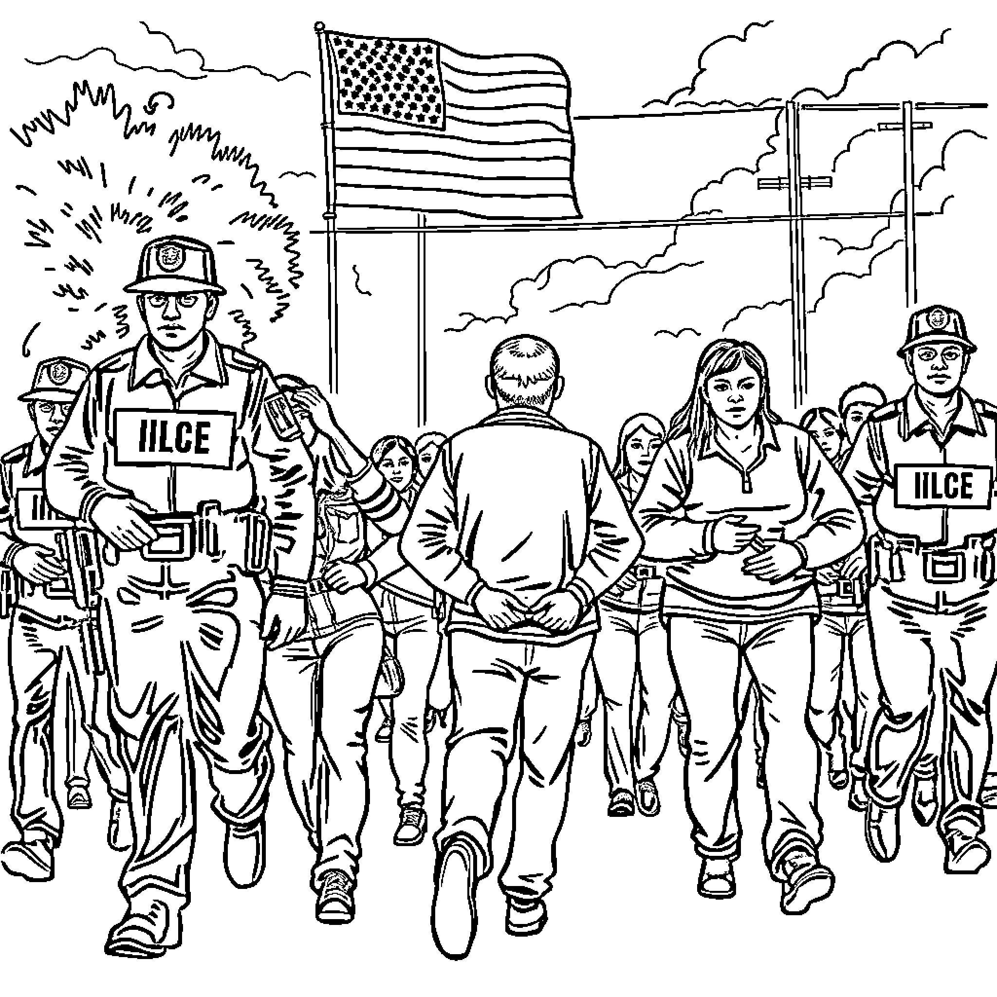 Agent Leading a Group of Emergency Responders Coloring Page (free black-and-white line drawing printable PDF for all, from beginners to advanced learners, including children, teens, adults, and seniors)