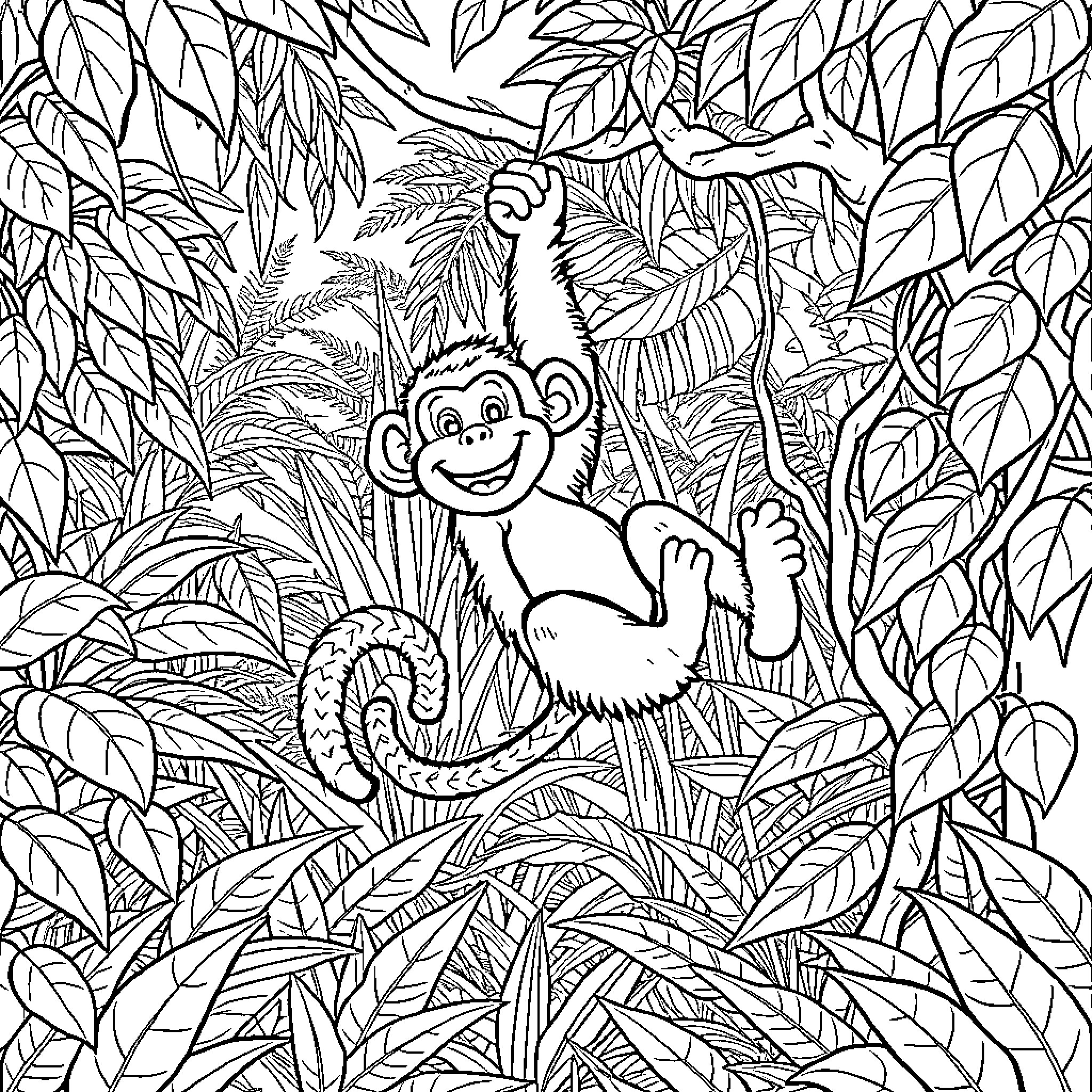 Monkey playing joyfully in lush jungle foliage Coloring Page (free black-and-white line drawing printable PDF for all, from beginners to advanced learners, including children, teens, adults, and seniors)