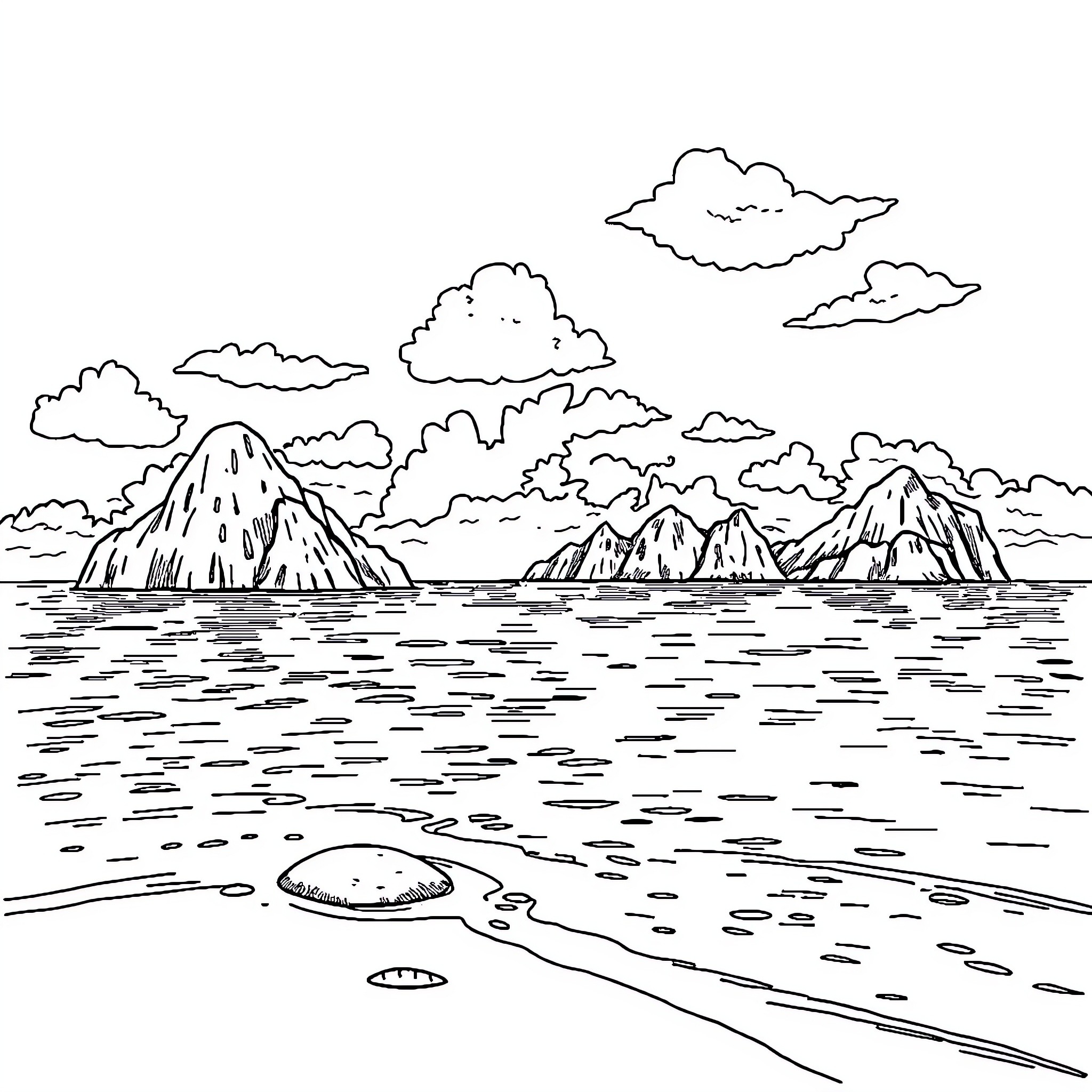 Philippines Coastal Landscape with Mountainous Islands Coloring Page (free black-and-white line drawing printable PDF for all, from beginners to advanced learners, including children, teens, adults, and seniors)