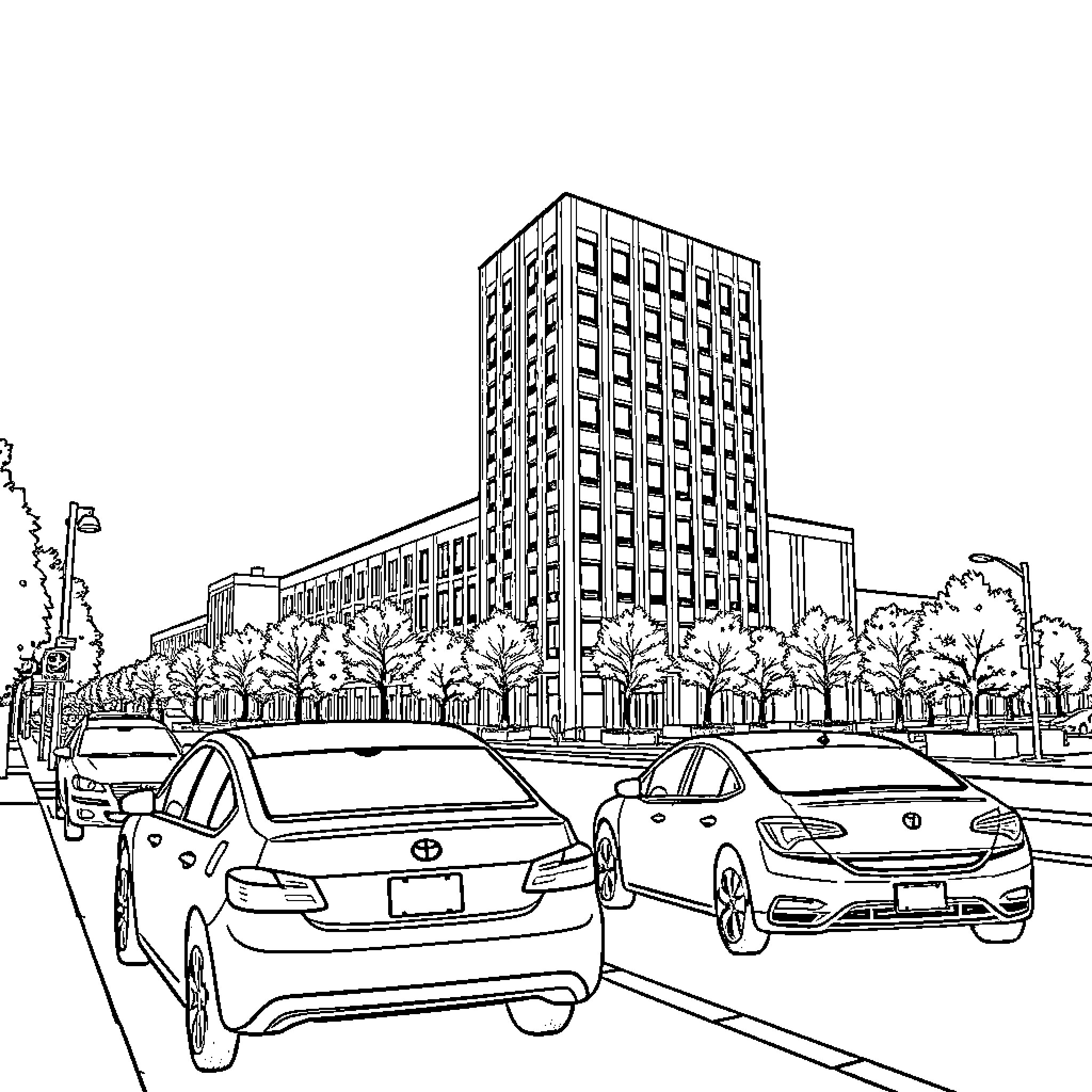 Cars parked in front of a modern building Coloring Page (free black-and-white line drawing printable PDF for all, from beginners to advanced learners, including children, teens, adults, and seniors)