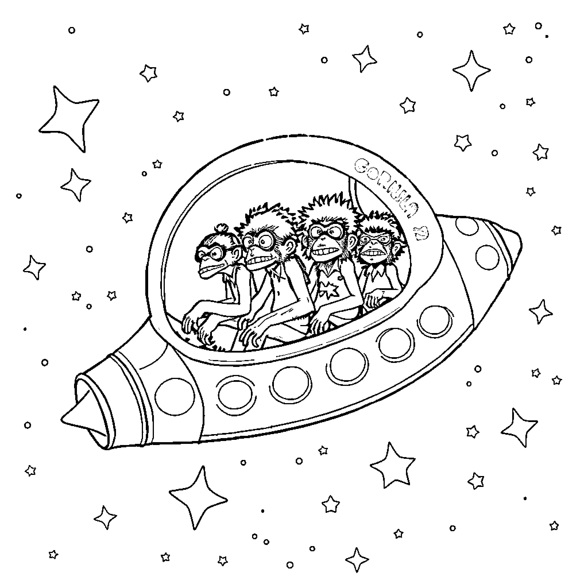 Gorillaz astronauts exploring the galaxy Coloring Page (free black-and-white line drawing printable PDF for all, from beginners to advanced learners, including children, teens, adults, and seniors)