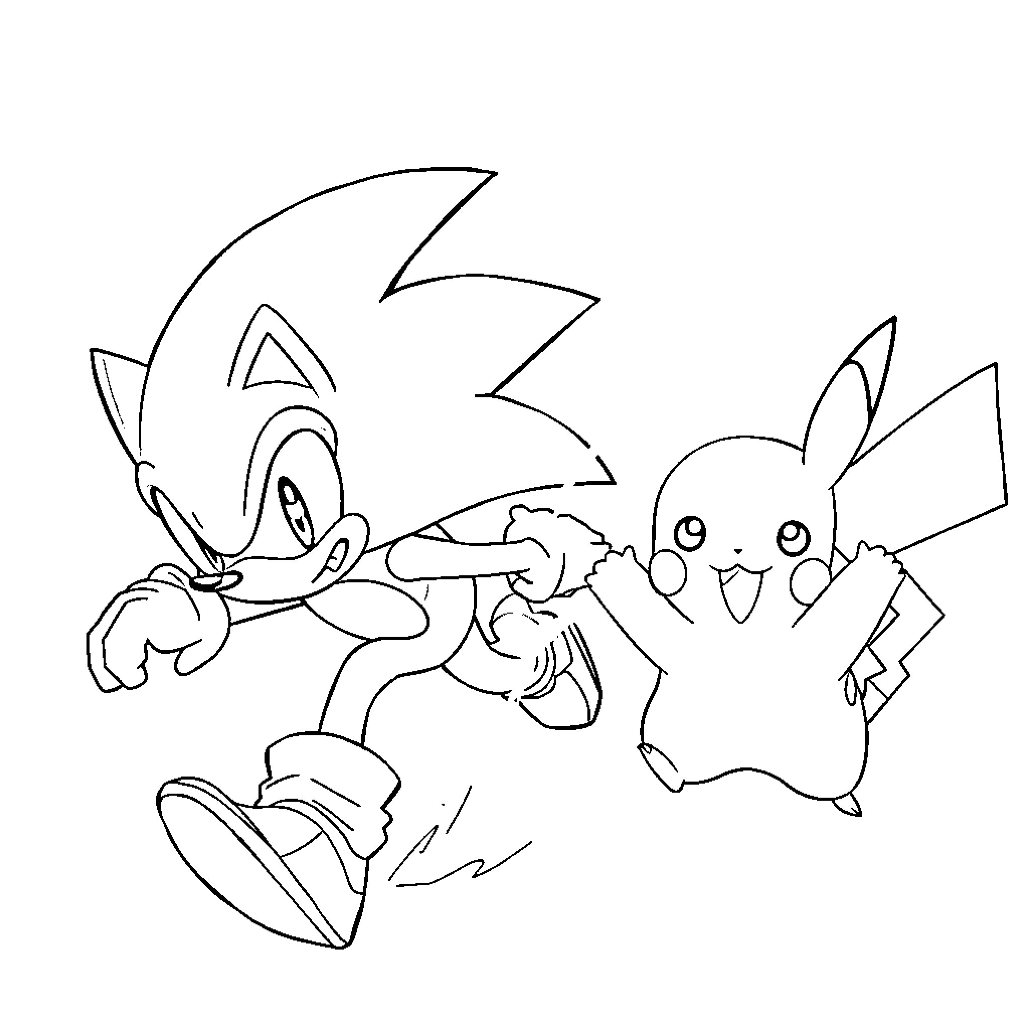 Sonic and Pikachu playing together Coloring Page (free black-and-white line drawing printable PDF for all, from beginners to advanced learners, including children, teens, adults, and seniors)