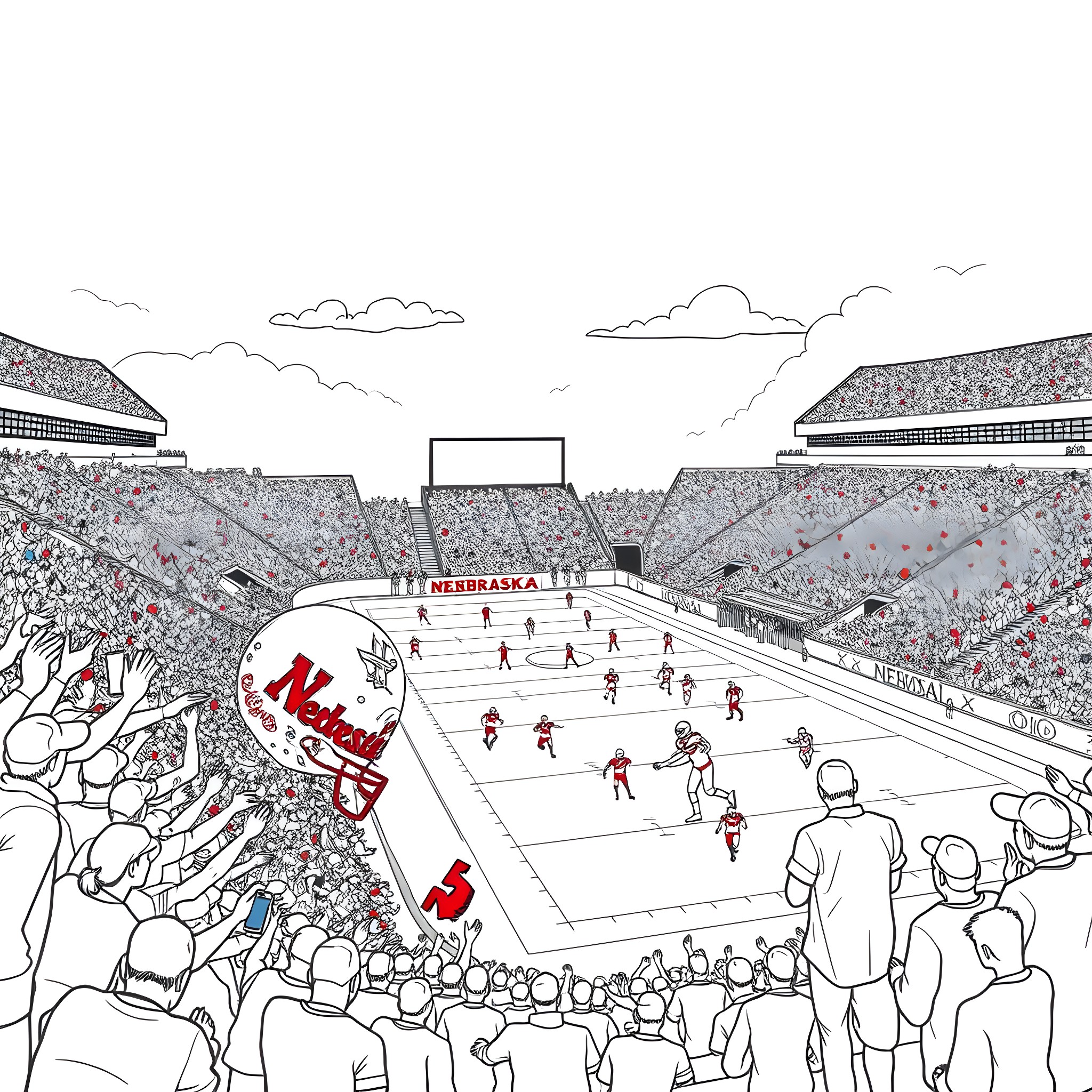 Football game in a crowded stadium Coloring Page (free black-and-white line drawing printable PDF for all, from beginners to advanced learners, including children, teens, adults, and seniors)