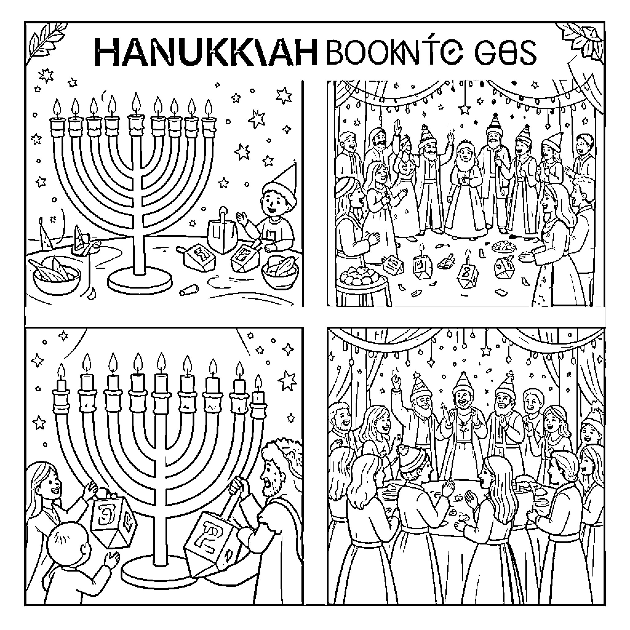 Hanukkah Celebration with Candles, Food, and Family Coloring Page (free black-and-white line drawing printable PDF for all, from beginners to advanced learners, including children, teens, adults, and seniors)