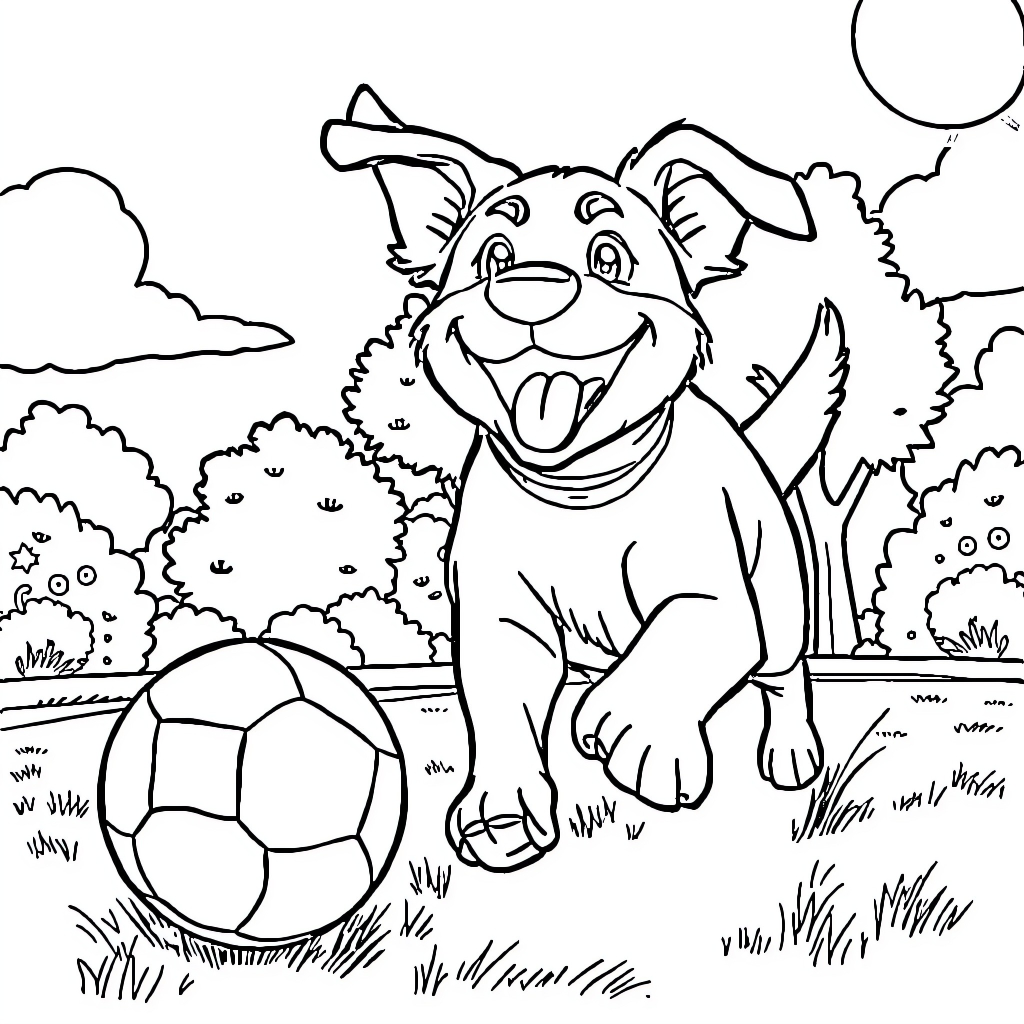 Dog Playing Joyfully with Soccer Ball Outdoors Coloring Page (free black-and-white line drawing printable PDF for all, from beginners to advanced learners, including children, teens, adults, and seniors)