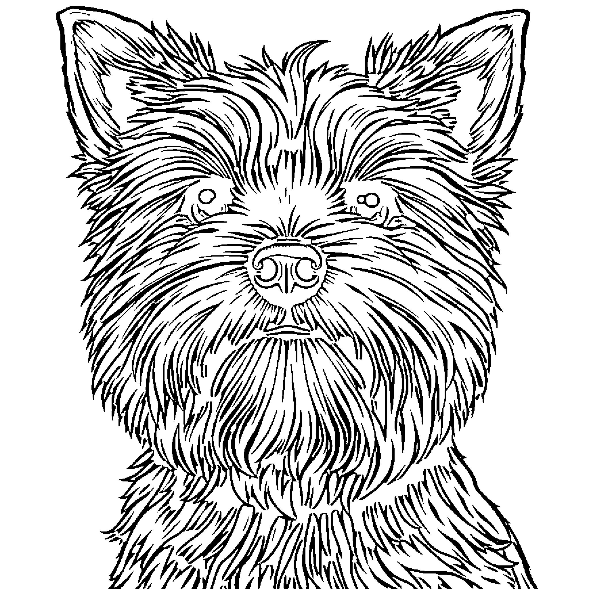Yorkie's Fluffy and Captivating Expression Coloring Page (free black-and-white line drawing printable PDF for all, from beginners to advanced learners, including children, teens, adults, and seniors)