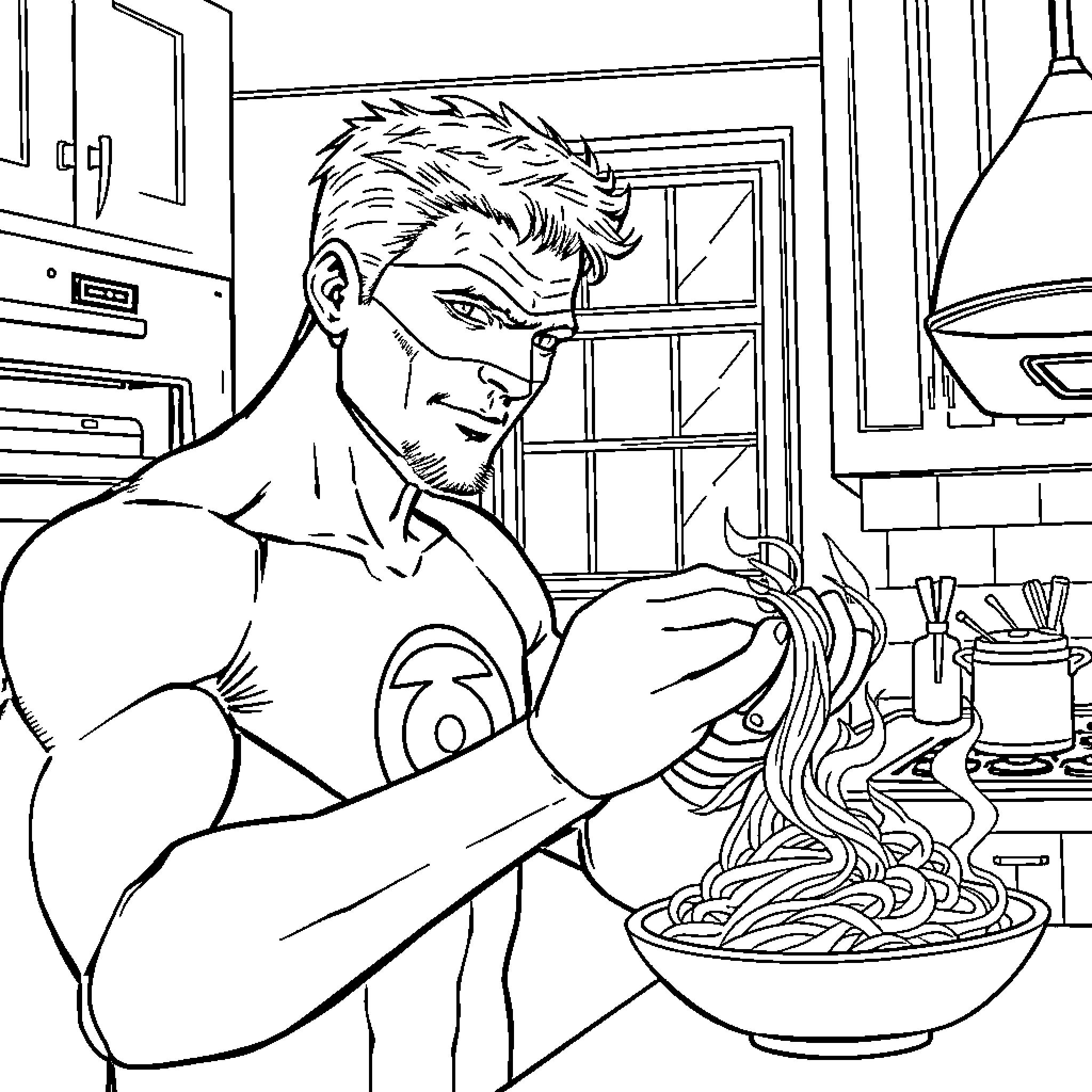 Green Lantern Cooks Delicious Meal in Kitchen Coloring Page (free black-and-white line drawing printable PDF for all, from beginners to advanced learners, including children, teens, adults, and seniors)