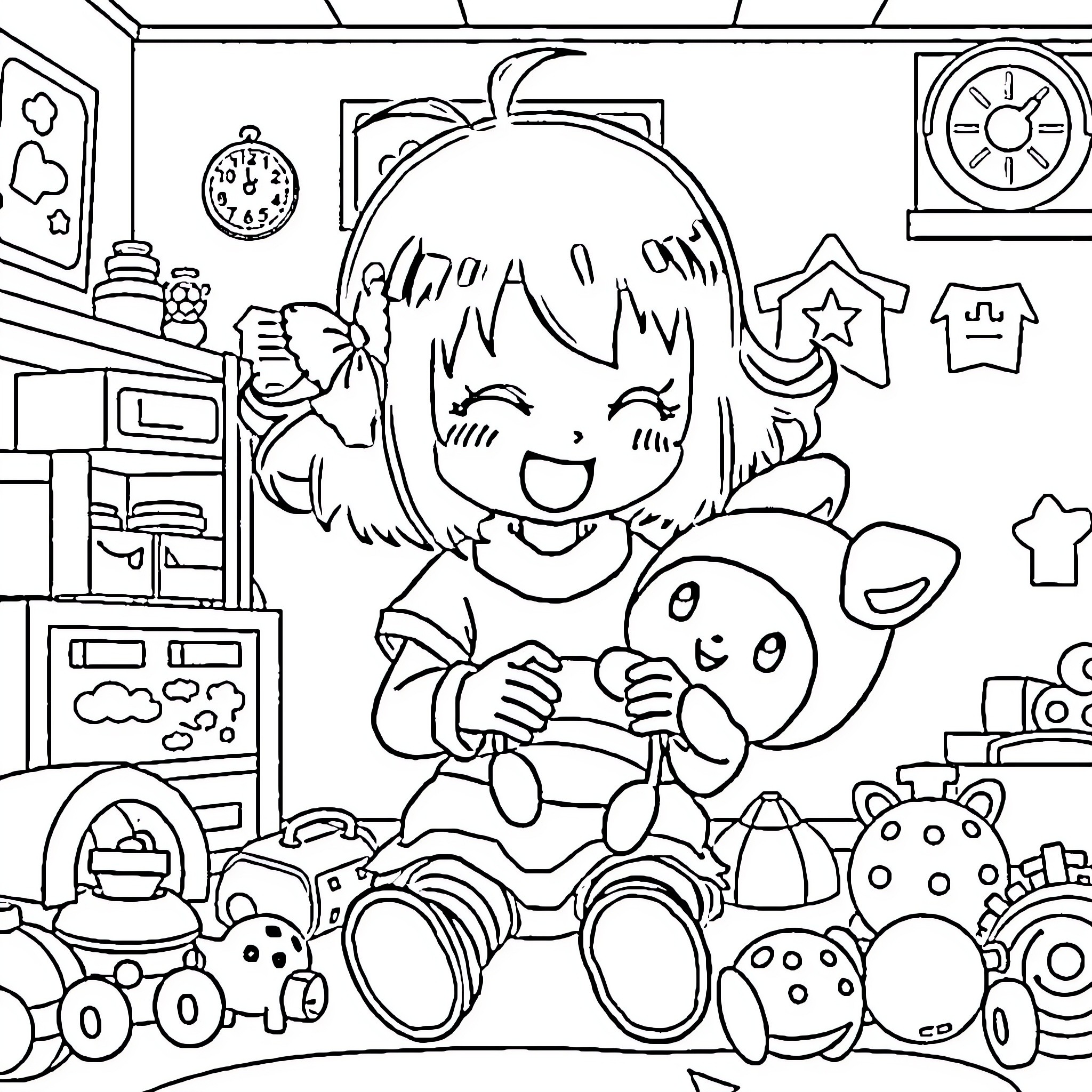 Kuromi playing with toys in a room Coloring Page (free black-and-white line drawing printable PDF for all, from beginners to advanced learners, including children, teens, adults, and seniors)