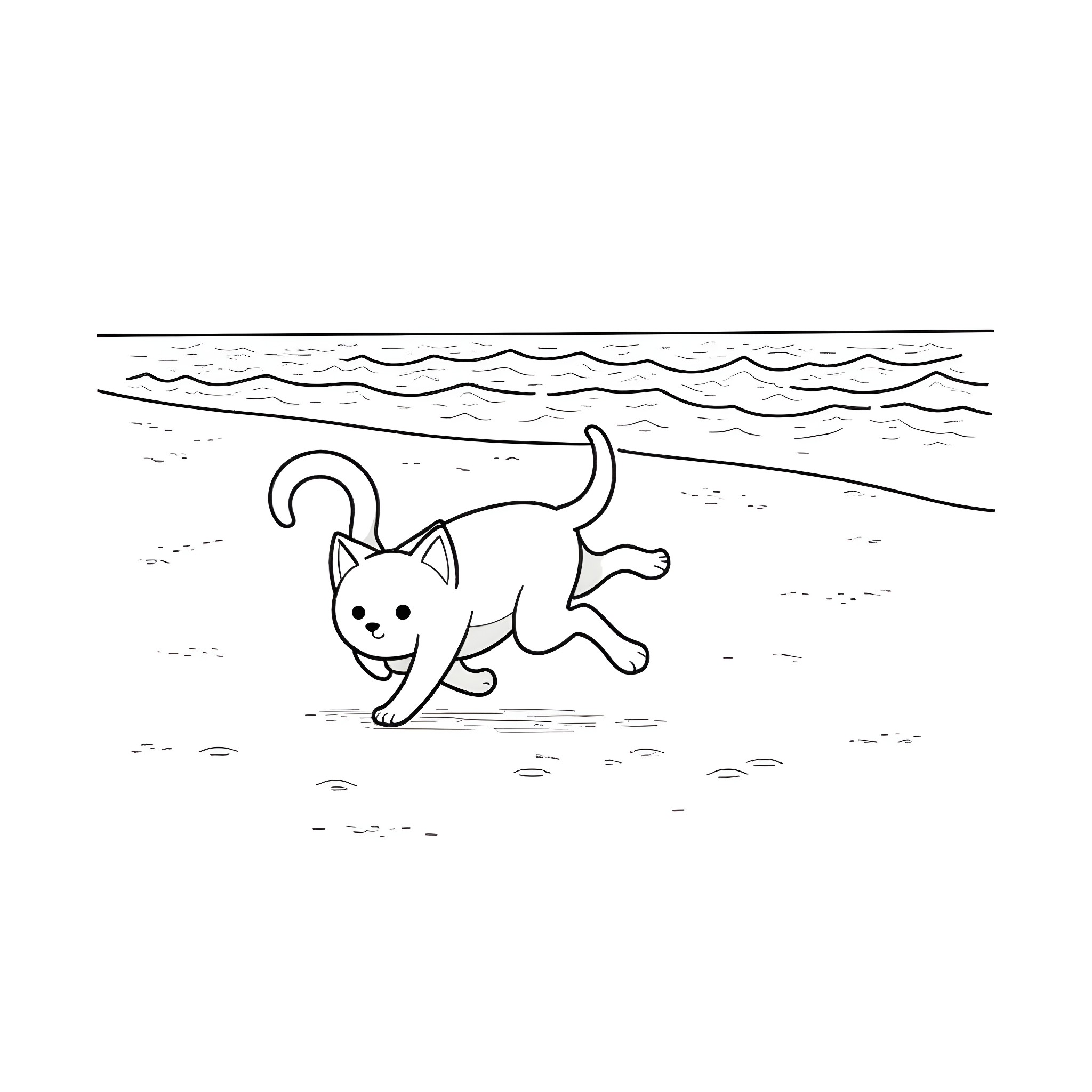 Cat running playfully on the beach Coloring Page (free black-and-white line drawing printable PDF for all, from beginners to advanced learners, including children, teens, adults, and seniors)