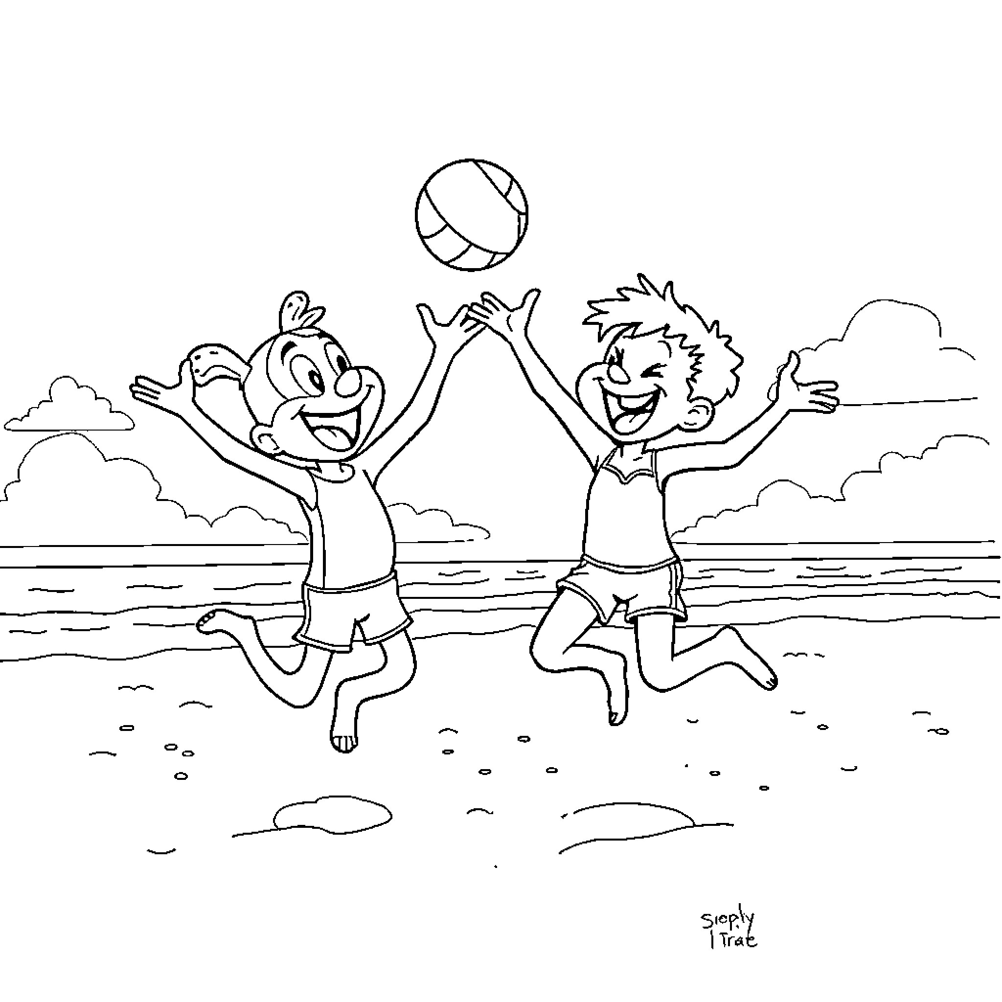 Bluey and friends playing with a beach ball Coloring Page (free black-and-white line drawing printable PDF for all, from beginners to advanced learners, including children, teens, adults, and seniors)