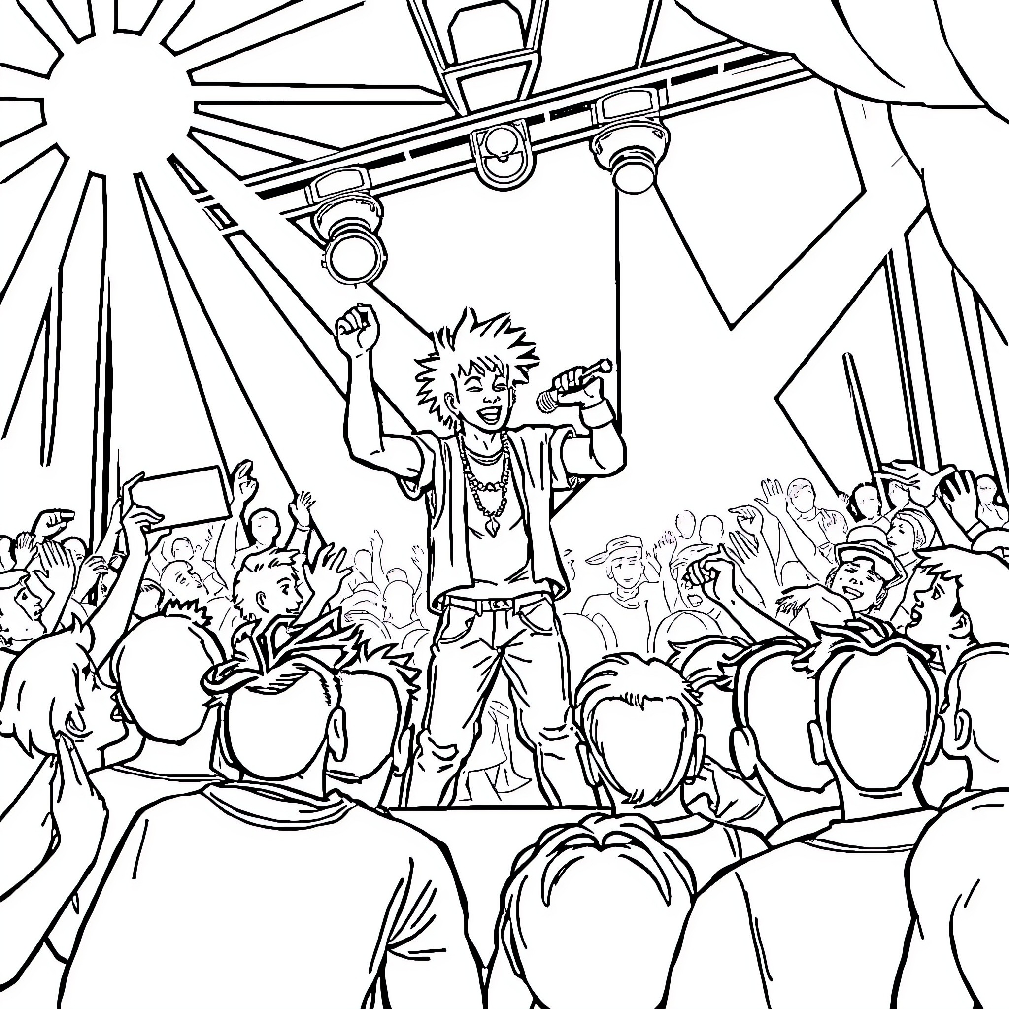 Playboi Carti Performing on Stage with Energetic Crowd Coloring Page (free black-and-white line drawing printable PDF for all, from beginners to advanced learners, including children, teens, adults, and seniors)