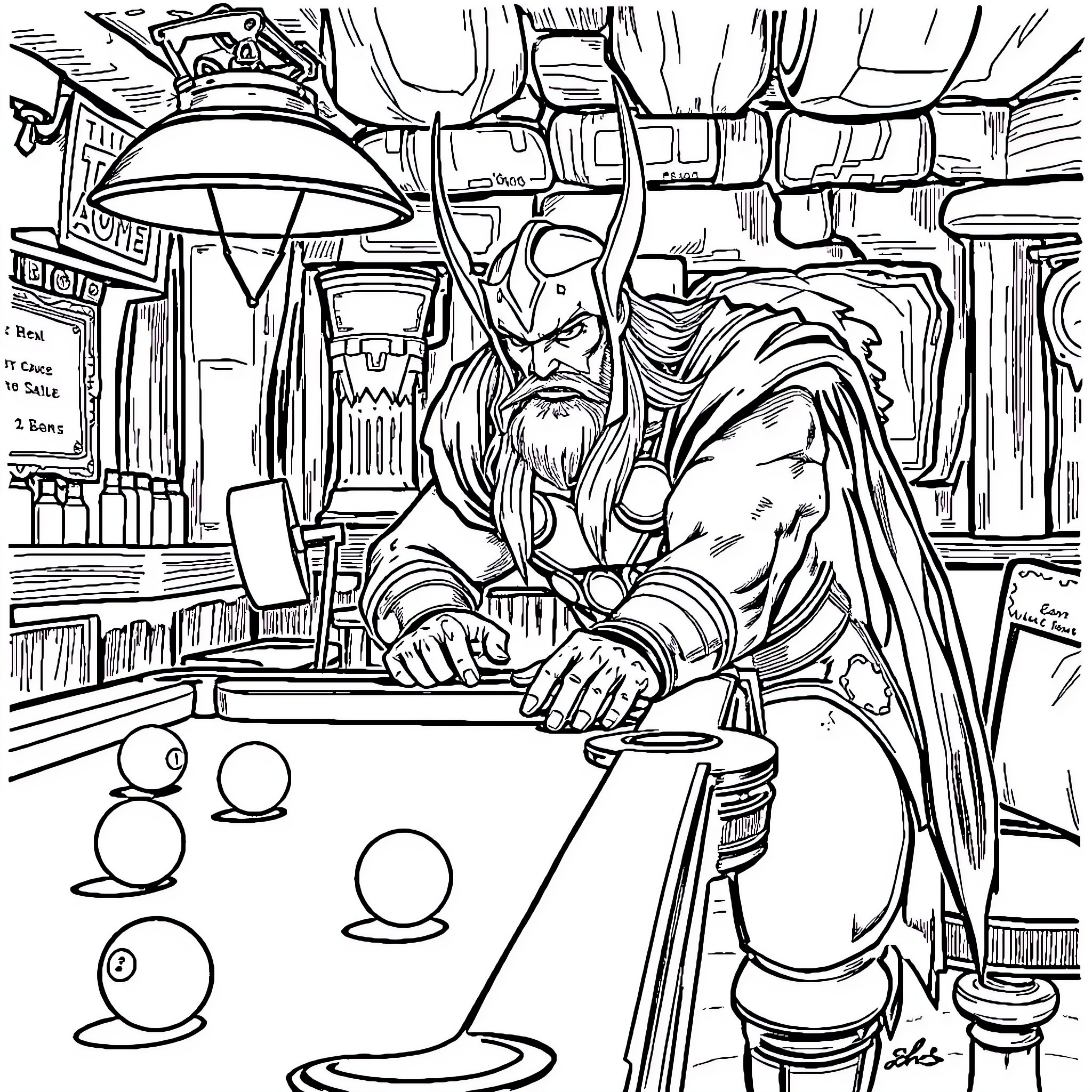 Thor Relaxing in a Bar with Drinks Coloring Page (free black-and-white line drawing printable PDF for all, from beginners to advanced learners, including children, teens, adults, and seniors)