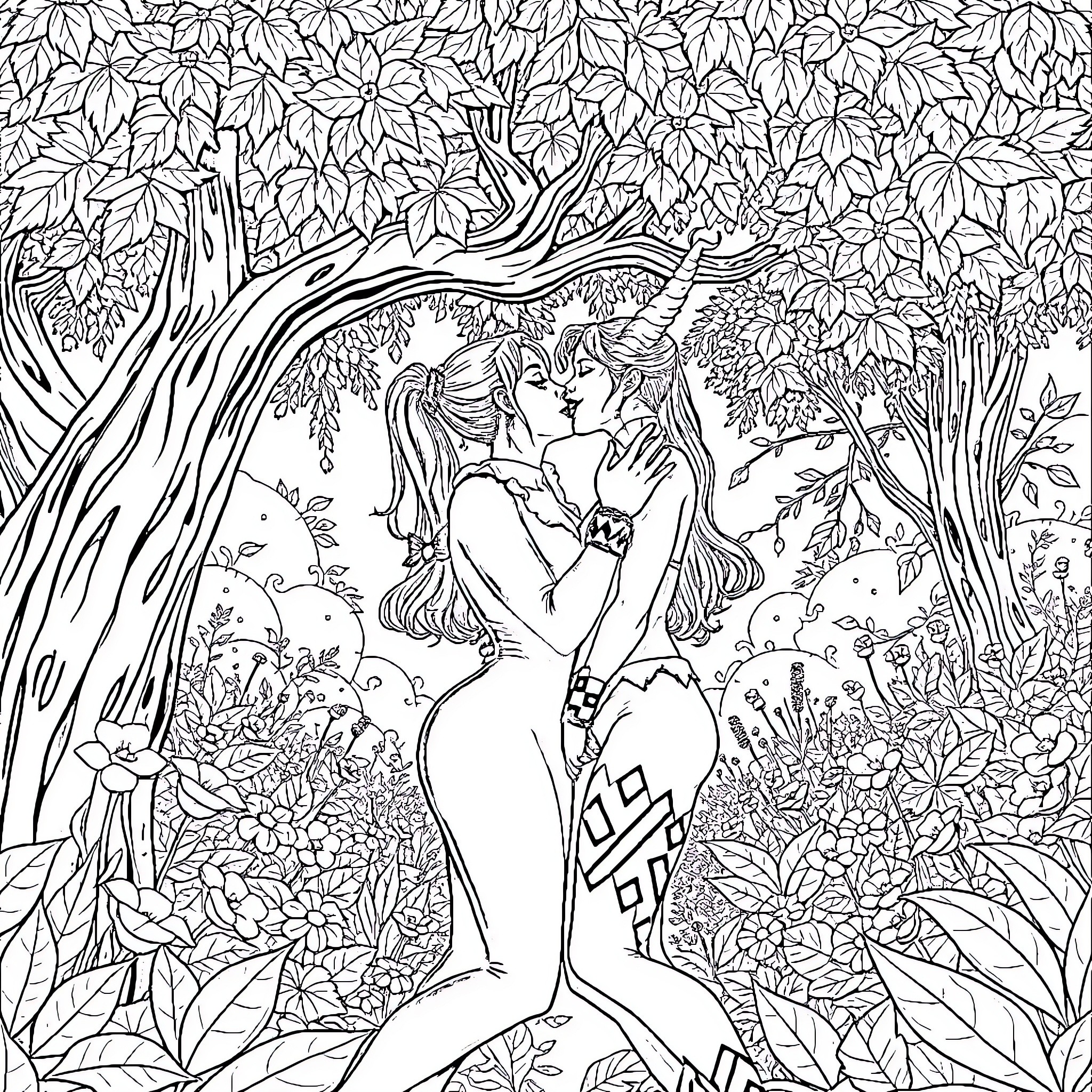 Poison Ivy's Enchanting Embrace Coloring Page (free black-and-white line drawing printable PDF for all, from beginners to advanced learners, including children, teens, adults, and seniors)