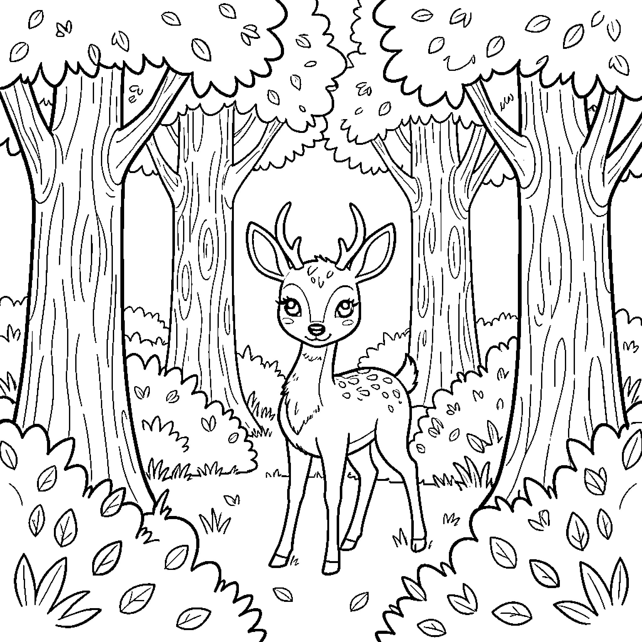Deer standing peacefully in a lush forest Coloring Page (free black-and-white line drawing printable PDF for all, from beginners to advanced learners, including children, teens, adults, and seniors)
