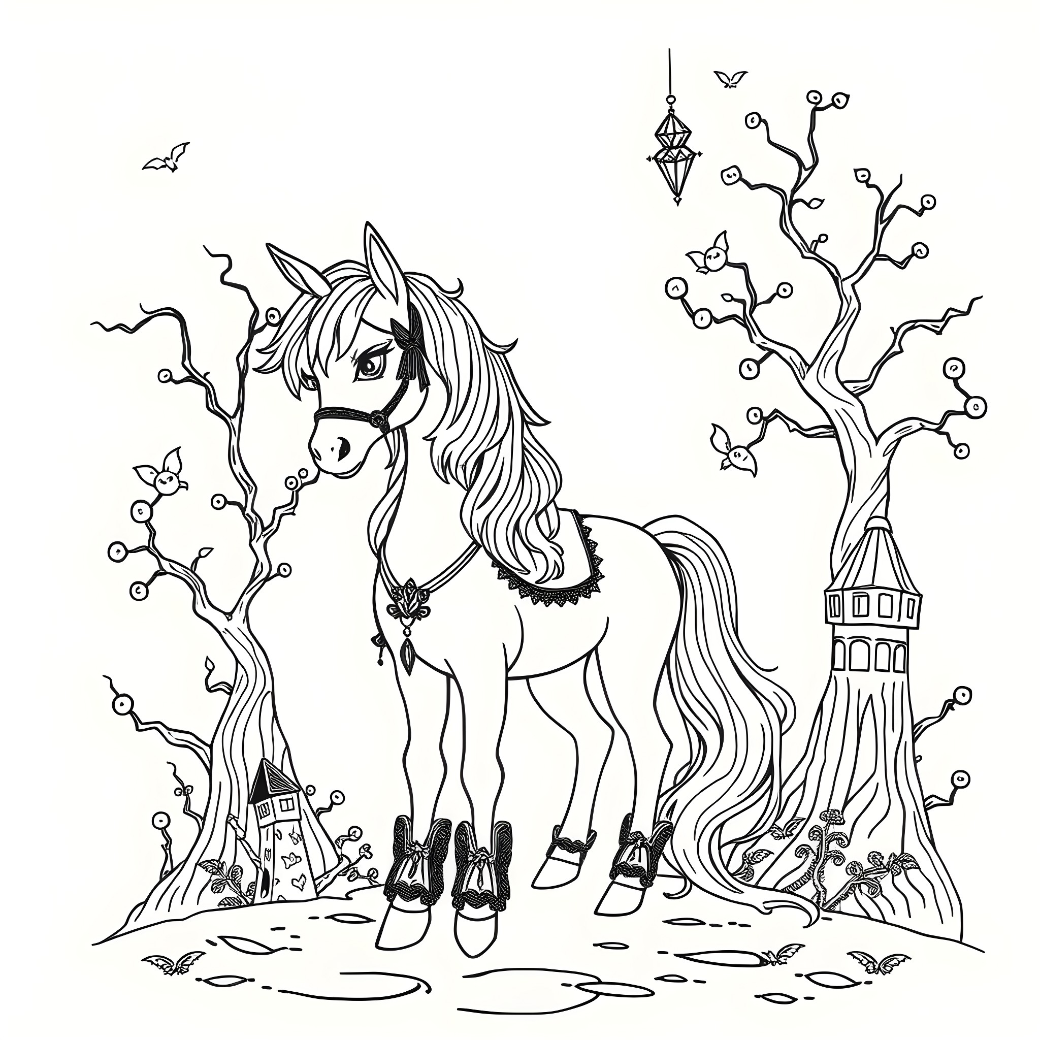 Pony's Magical Adventure in the Enchanted Forest Coloring Page (free black-and-white line drawing printable PDF for all, from beginners to advanced learners, including children, teens, adults, and seniors)