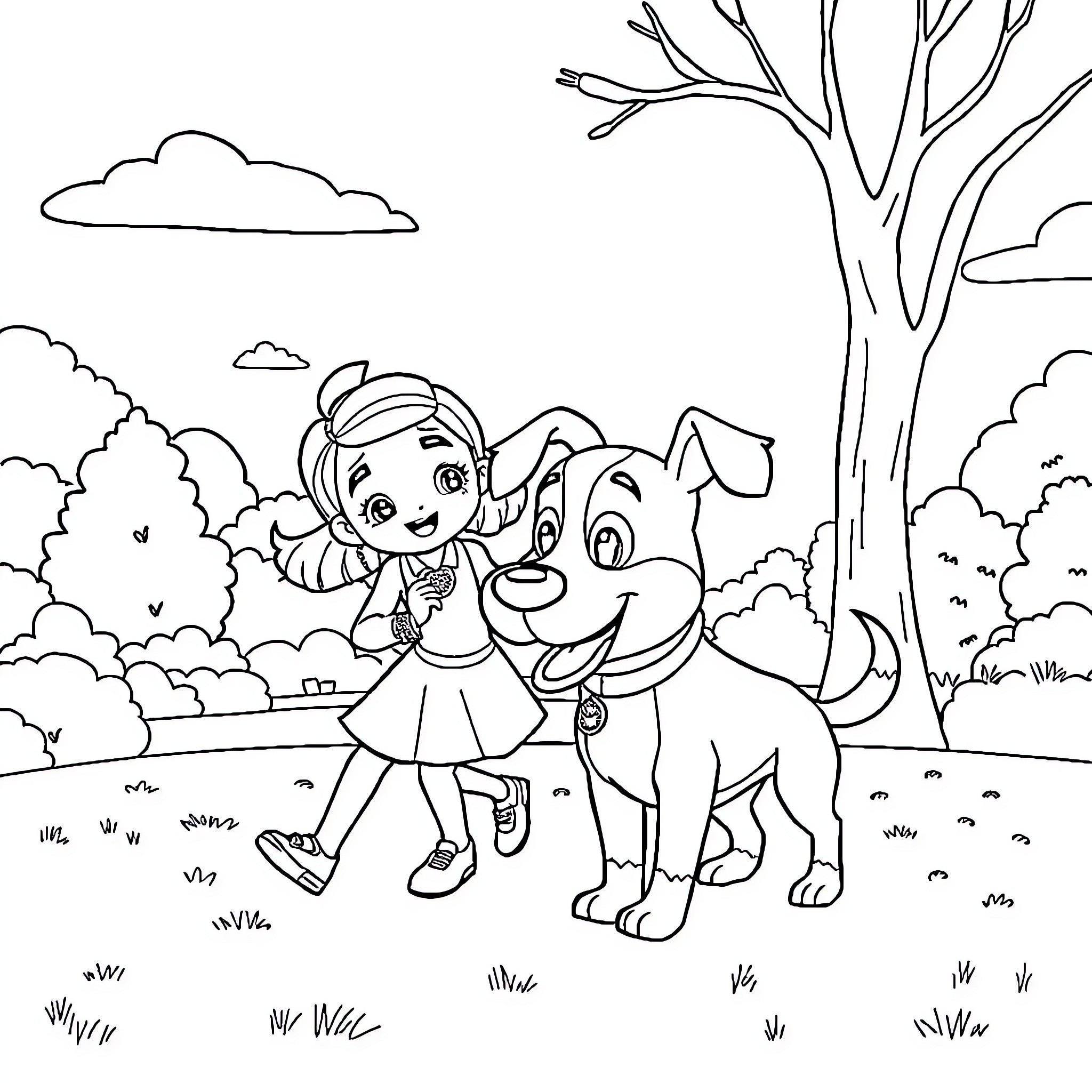 Anya's Adventure with her Canine Companion Coloring Page (free black-and-white line drawing printable PDF for all, from beginners to advanced learners, including children, teens, adults, and seniors)