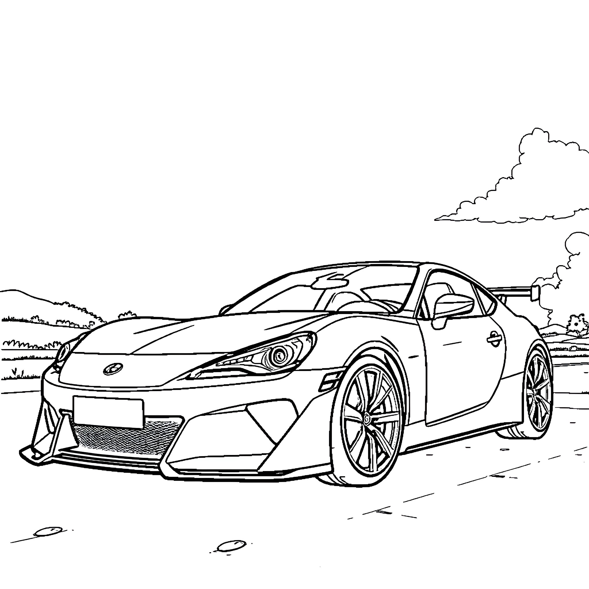 Gr86 sports car zooming on the road Coloring Page (free black-and-white line drawing printable PDF for all, from beginners to advanced learners, including children, teens, adults, and seniors)