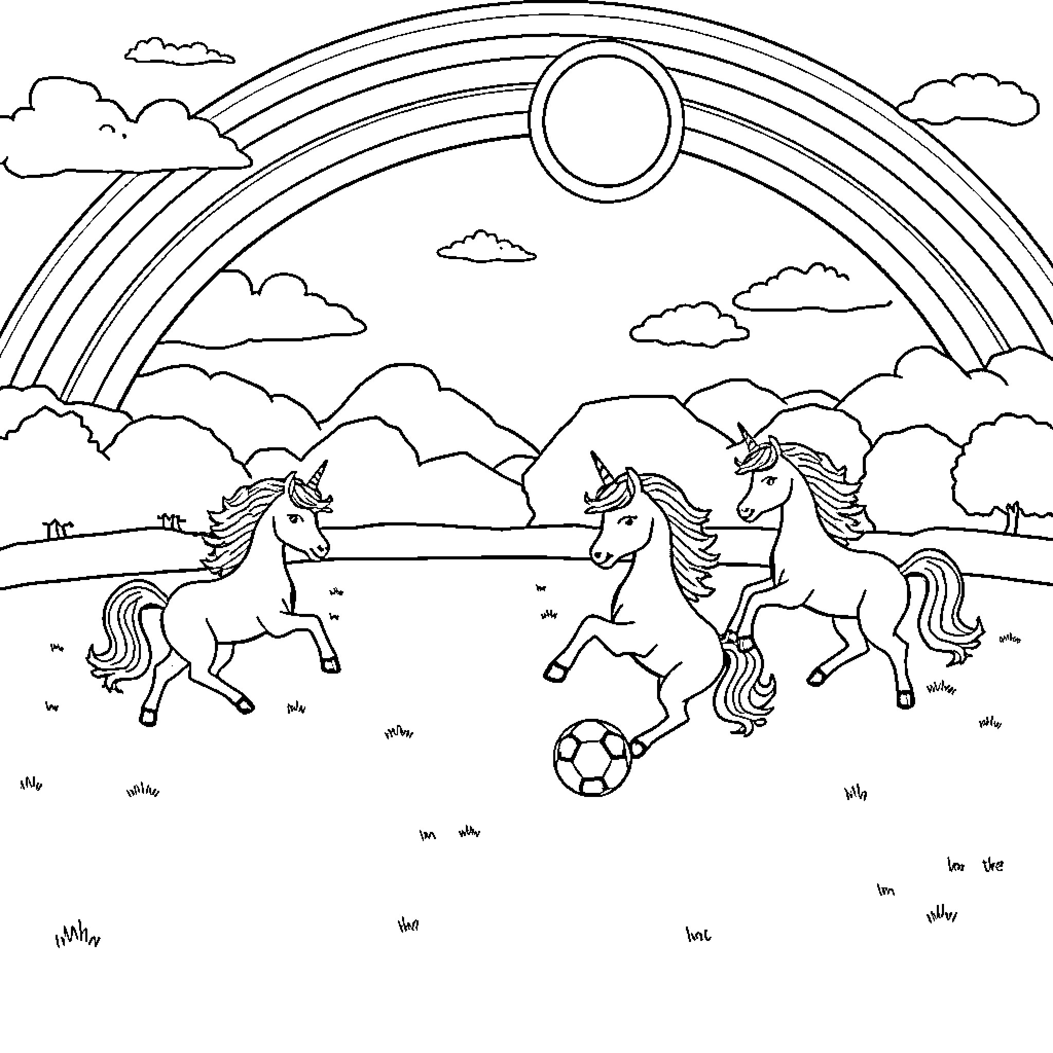 Unicorns playing and frolicking in a meadow Coloring Page (free black-and-white line drawing printable PDF for all, from beginners to advanced learners, including children, teens, adults, and seniors)