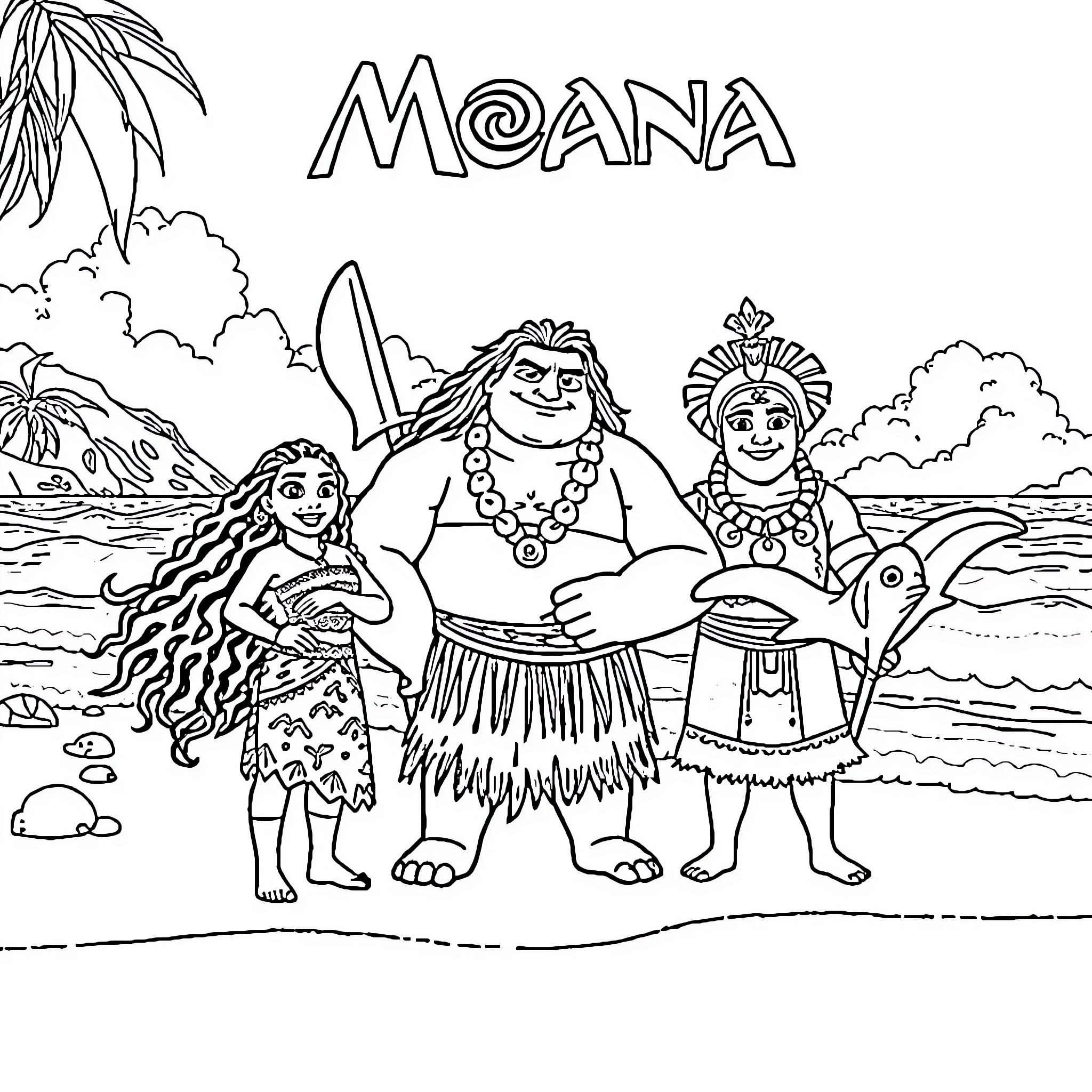 Moana and her family exploring the ocean Coloring Page (free black-and-white line drawing printable PDF for all, from beginners to advanced learners, including children, teens, adults, and seniors)