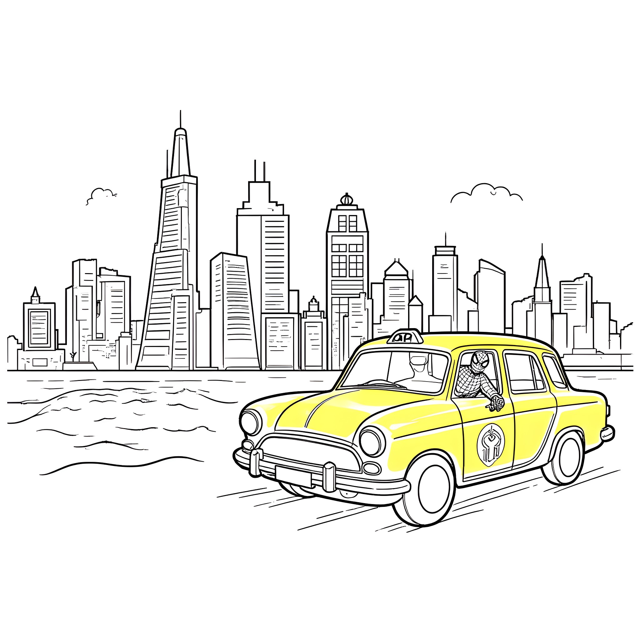 Spider-Man cruising through the city in a yellow taxi Coloring Page (free black-and-white line drawing printable PDF for all, from beginners to advanced learners, including children, teens, adults, and seniors)