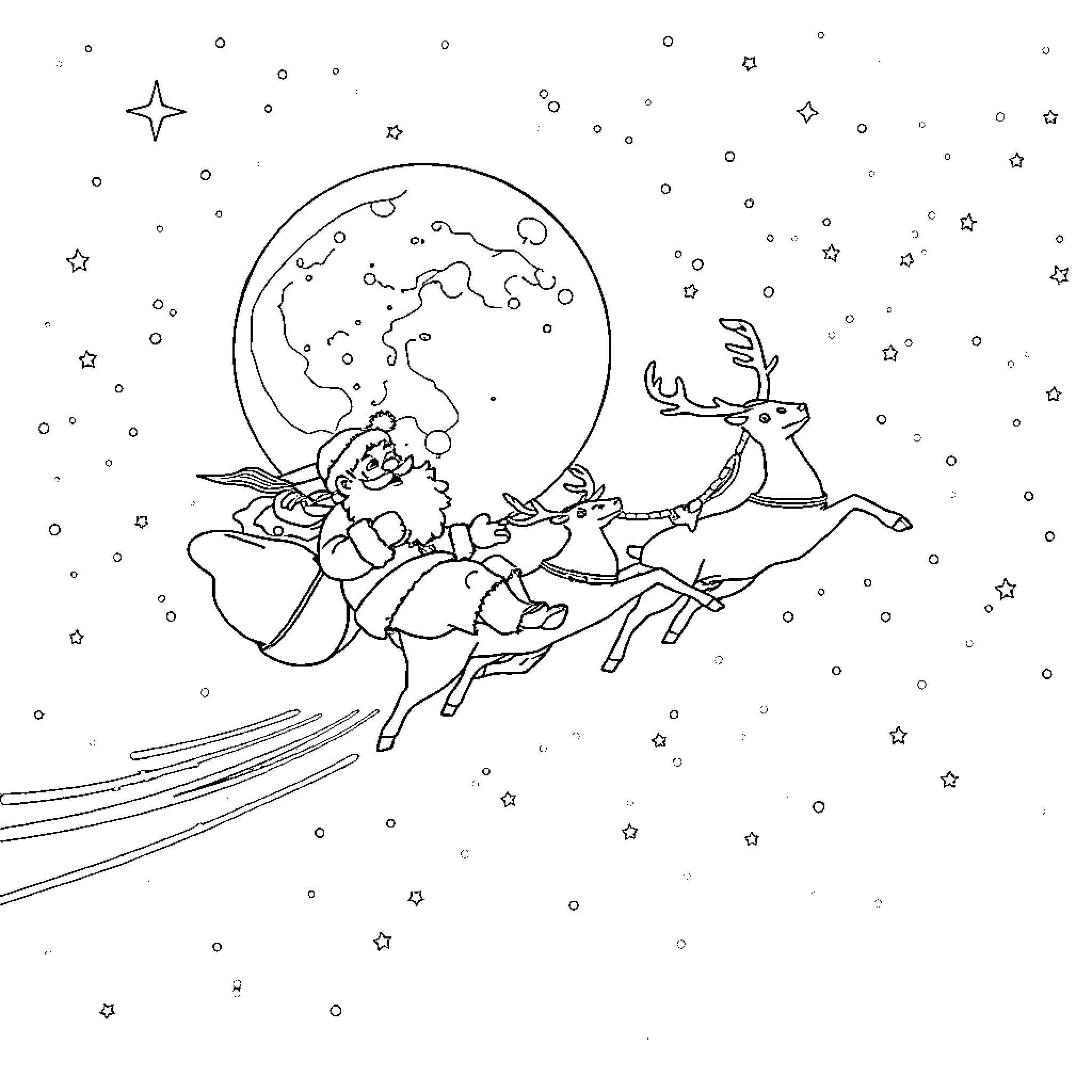 Santa's Magical Flight Through the Stars Coloring Page (free black-and-white line drawing printable PDF for all, from beginners to advanced learners, including children, teens, adults, and seniors)