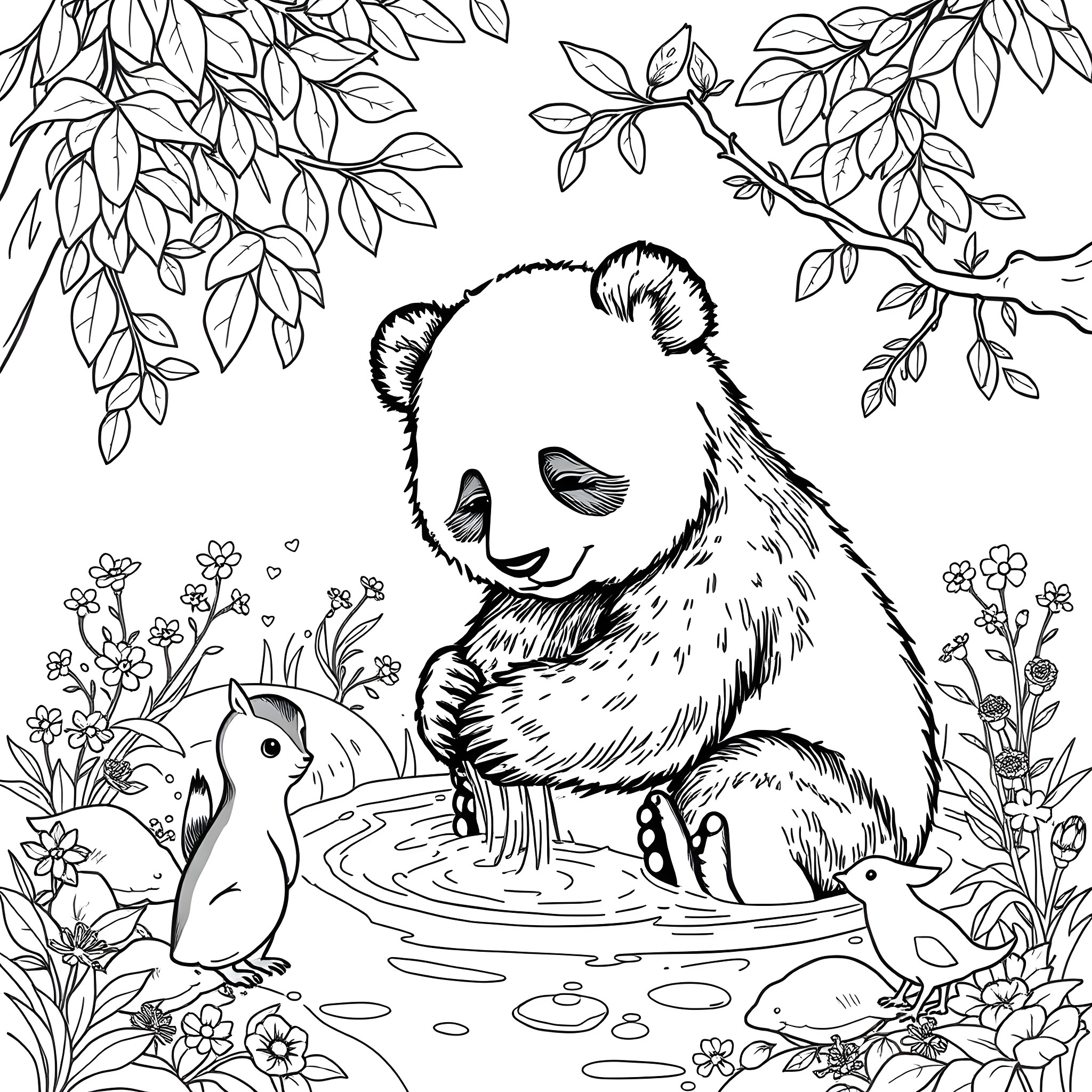 Panda relaxing in the natural setting Coloring Page (free black-and-white line drawing printable PDF for all, from beginners to advanced learners, including children, teens, adults, and seniors)